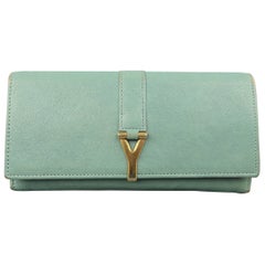 YVES SAINT LAURENT Teal Blue Leather Gold Y Wallet