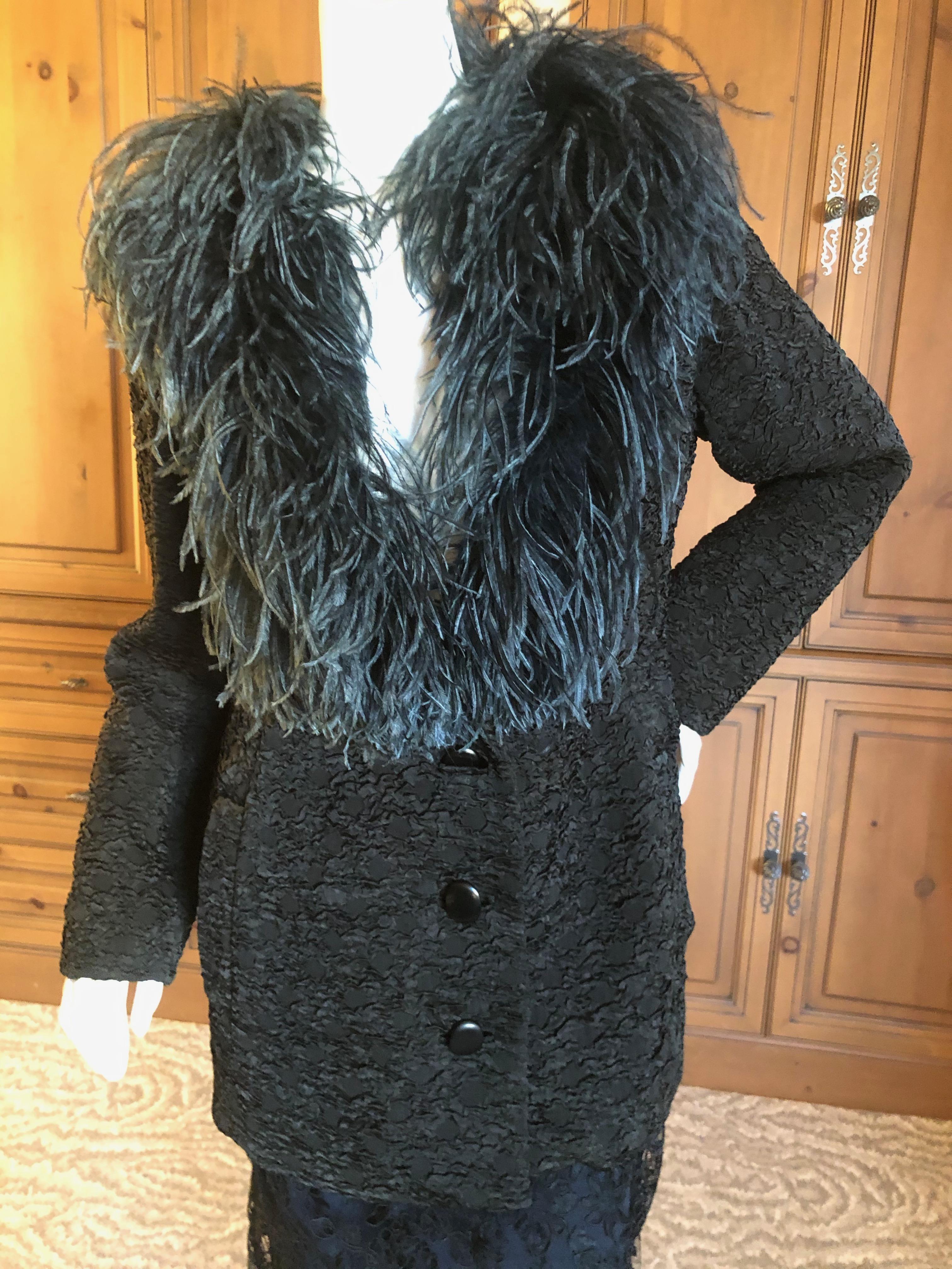 Black Yves Saint Laurent Textured Vintage 1980's Coat with Ostrich Feather Collar For Sale