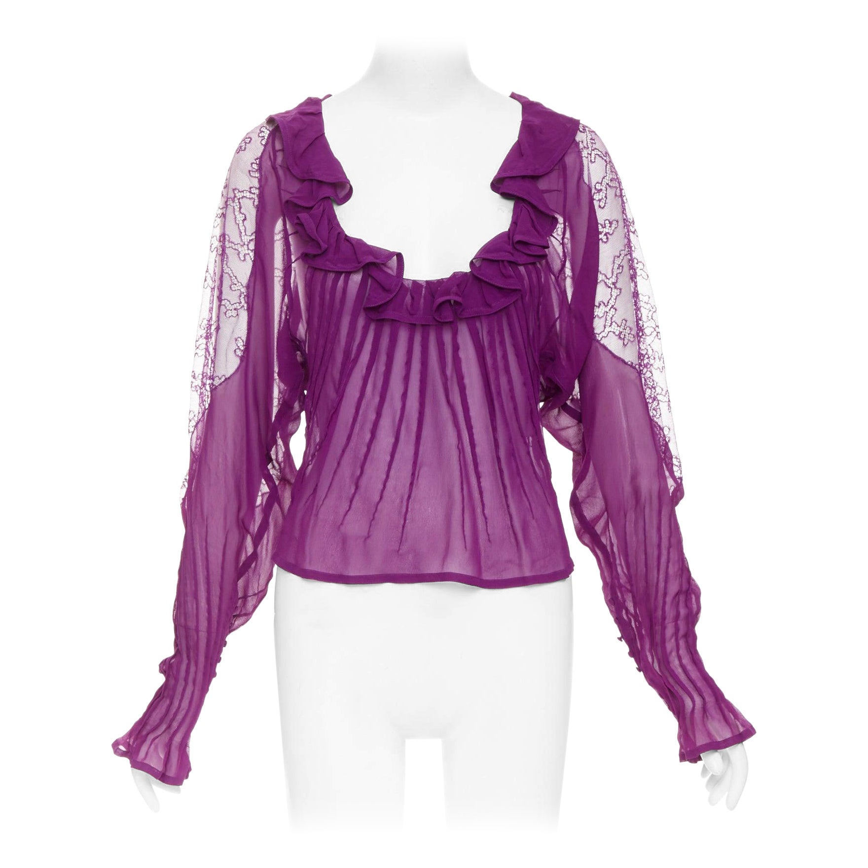 YVES SAINT LAURENT Tom Ford 2003 Runway Vintage silk ruffle lace batwing top