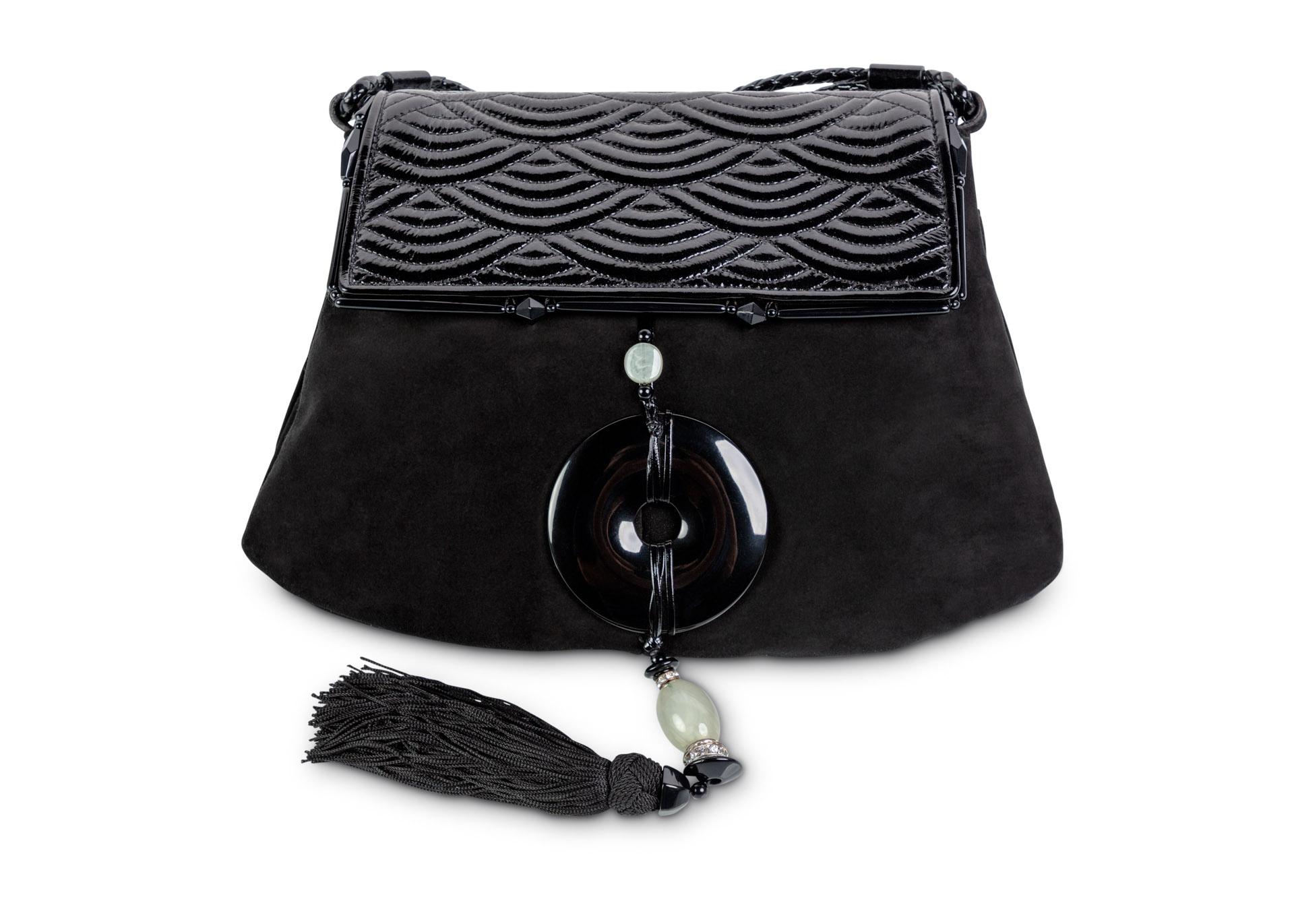 Yves Saint Laurent Tom Ford Black Suede Patent Leather Jade Tassel Bag, 2004 In Good Condition In Boca Raton, FL