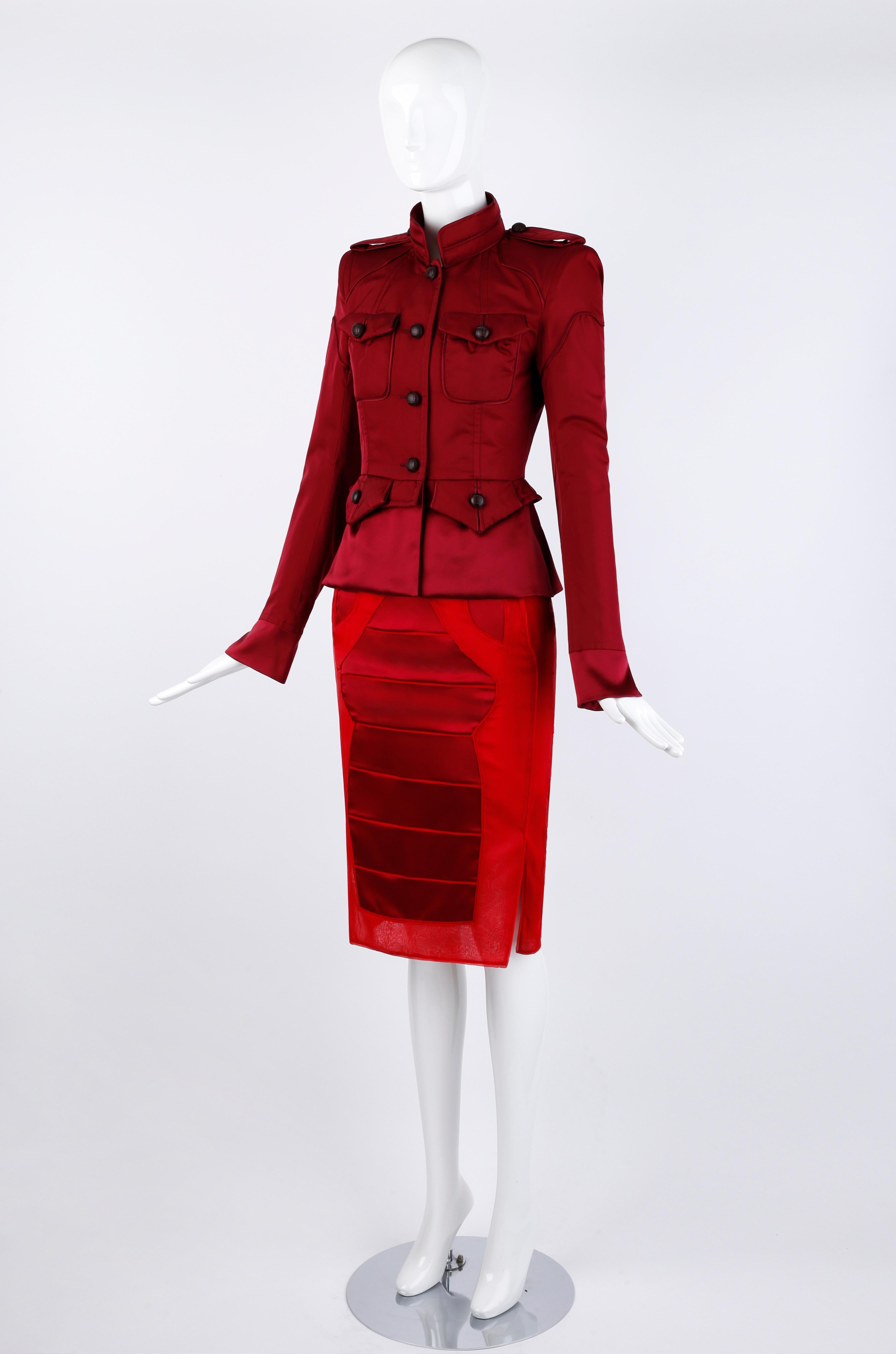 Designed by Tom Ford for the Yves Saint Laurent Fall/Winter 2004 collection; Look #1. This was Tom Ford's last collection with YSL. Both items comprised of 100% silk. Vibrant red high waisted skirt with front button and pleated details and semi
