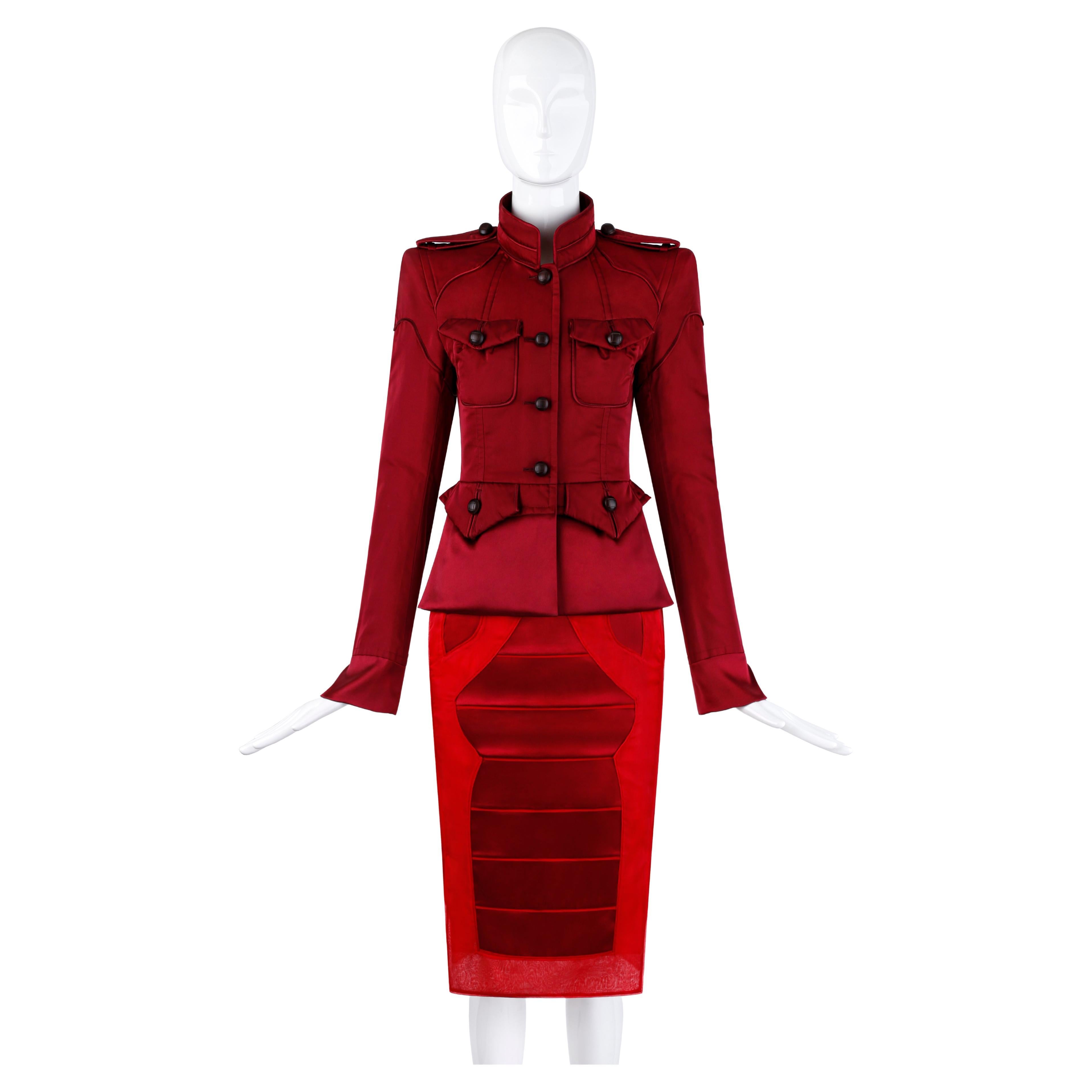 Yves Saint Laurent Tom Ford F/W 2004 Red Maroon Silk Evening Jacket & Skirt Suit For Sale