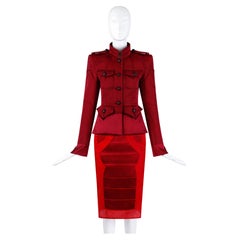 Used Yves Saint Laurent Tom Ford F/W 2004 Red Maroon Silk Evening Jacket & Skirt Suit