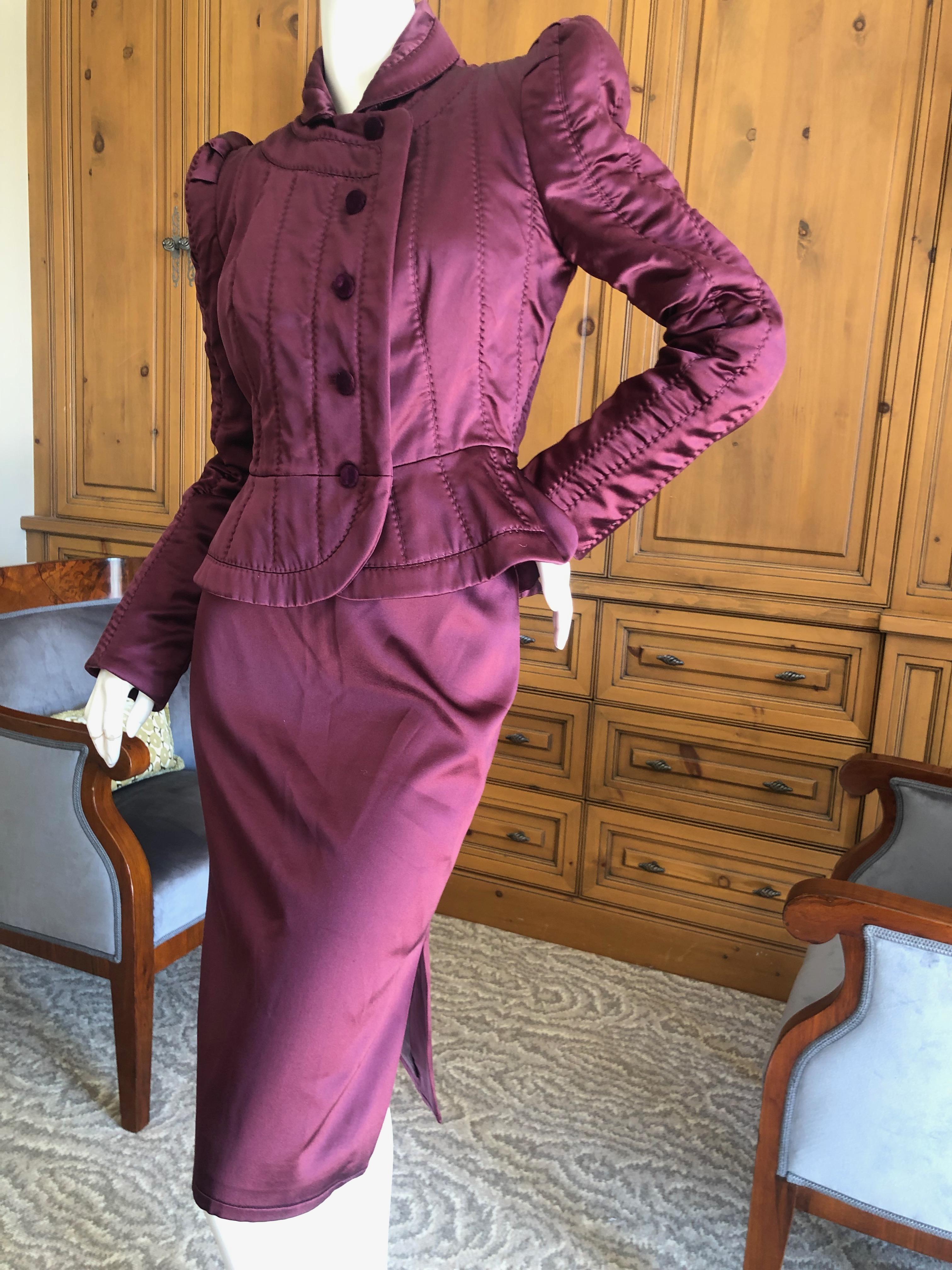 Yves Saint Laurent Tom Ford Fall 2004 Burgundy Silk Pagoda Shoulder Skirt Suit In Excellent Condition For Sale In Cloverdale, CA