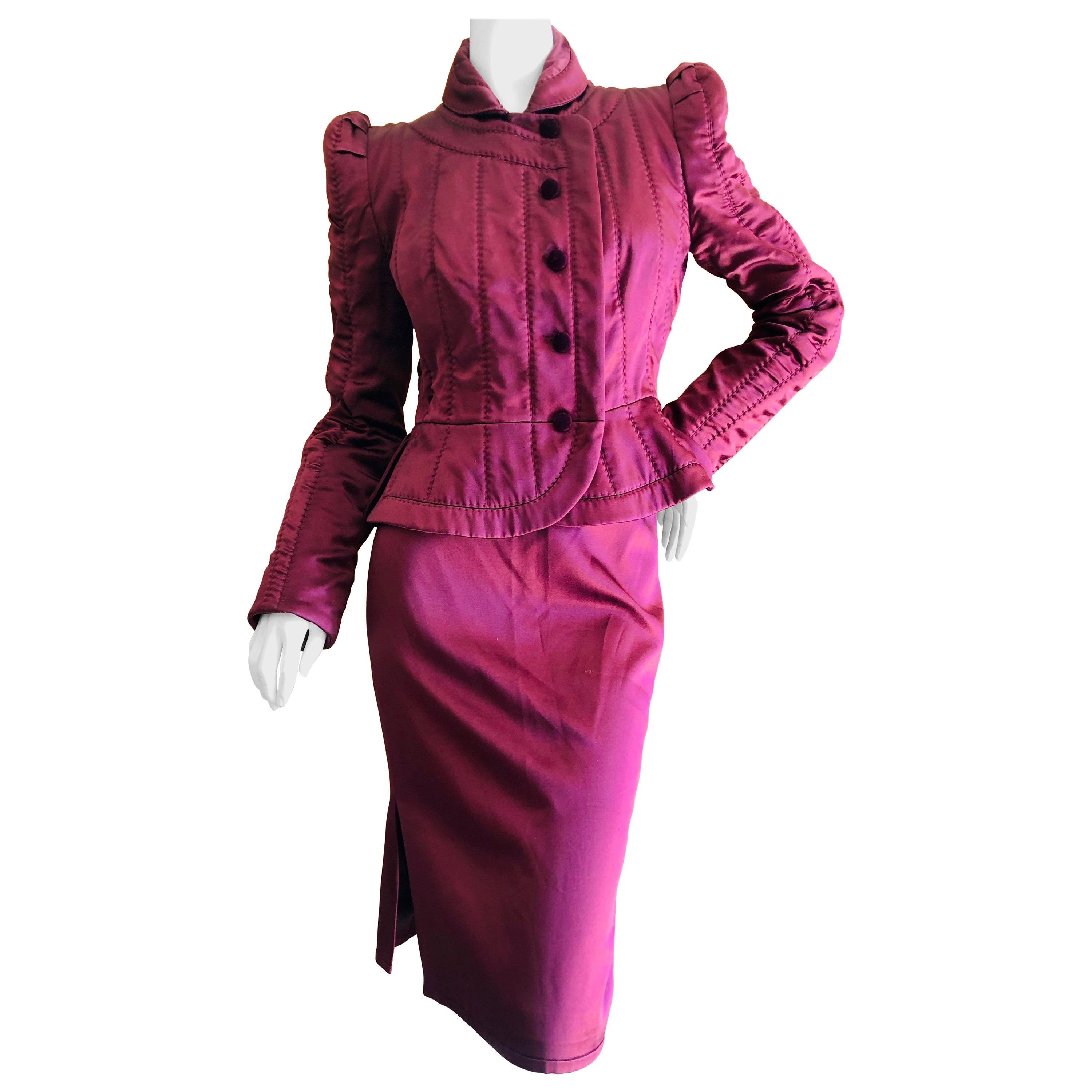 Yves Saint Laurent Tom Ford Fall 2004 Burgundy Silk Pagoda Shoulder Skirt Suit For Sale