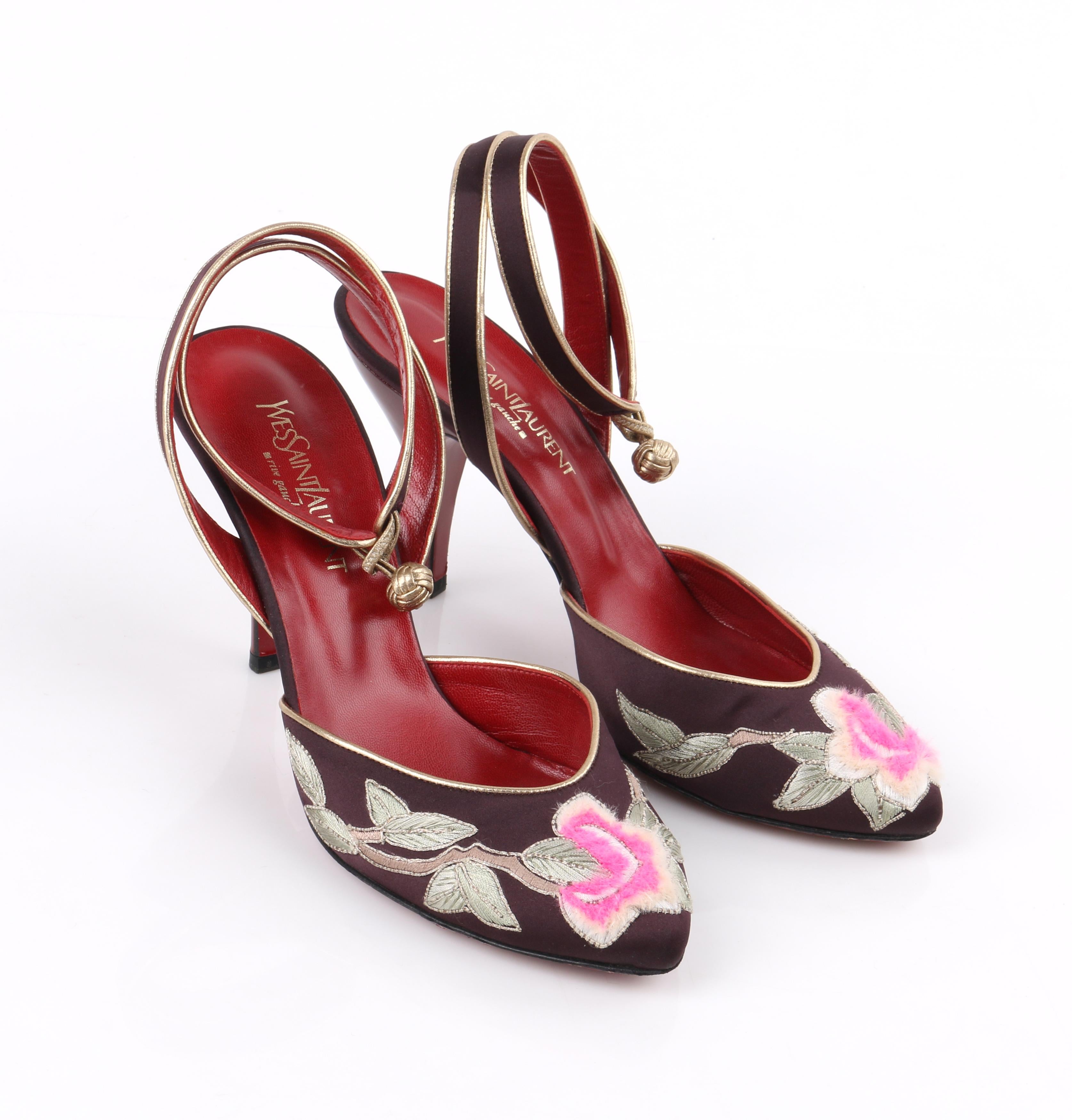 Black YVES SAINT LAURENT Tom Ford Fall 2004 “Opium” Lotus Floral Embroidered Heels 39 