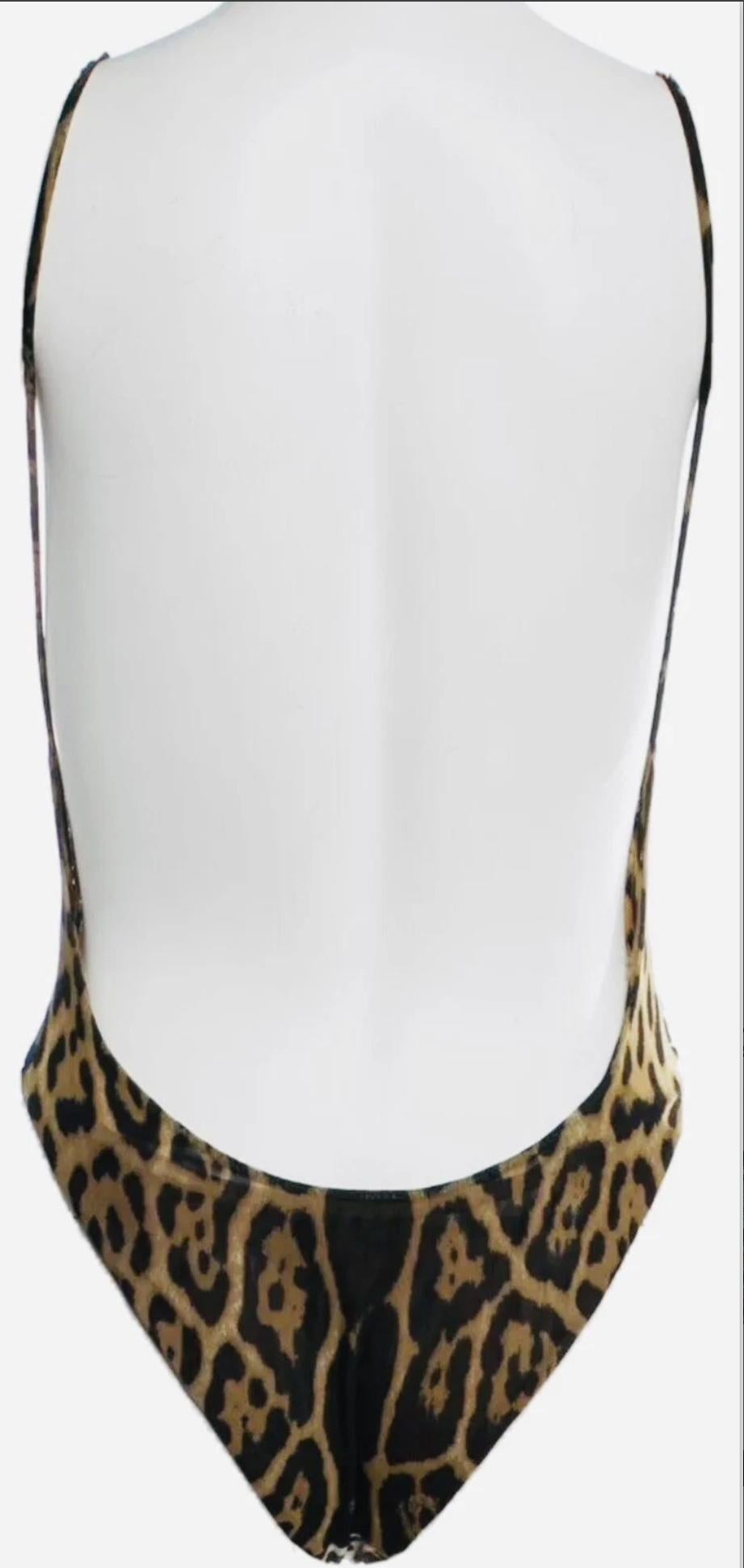 Marron YVES SAINT LAURENT/TOM FORD, Body vintage dos nu en maille léopard, printemps-été 2002 en vente