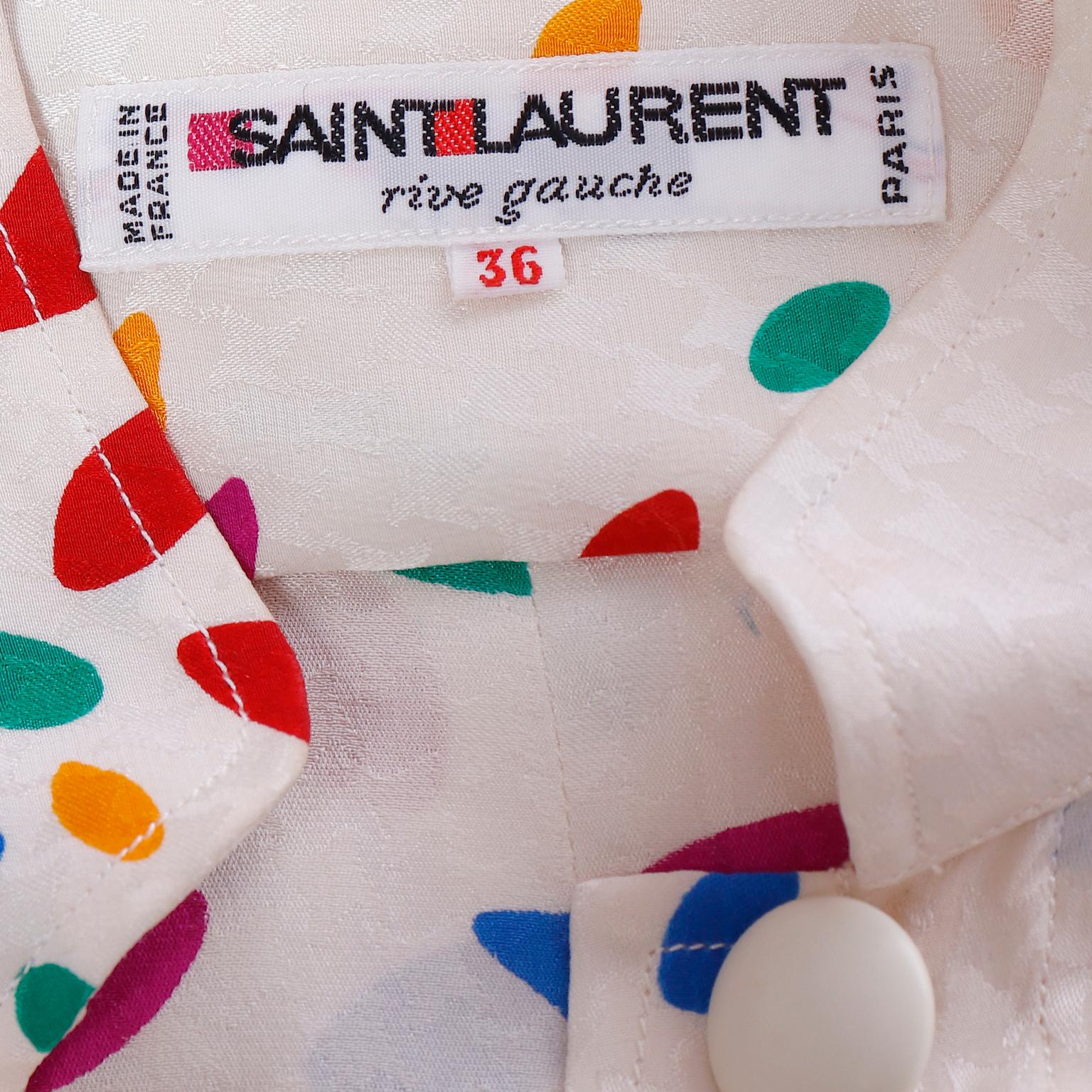 Yves Saint laurent Tonal White Print Silk Dress w Colorful Ovals & Polka Dots For Sale 6