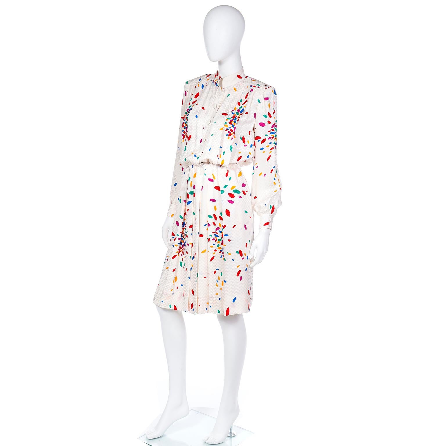 Yves Saint laurent Tonal White Print Silk Dress w Colorful Ovals & Polka Dots In Excellent Condition For Sale In Portland, OR