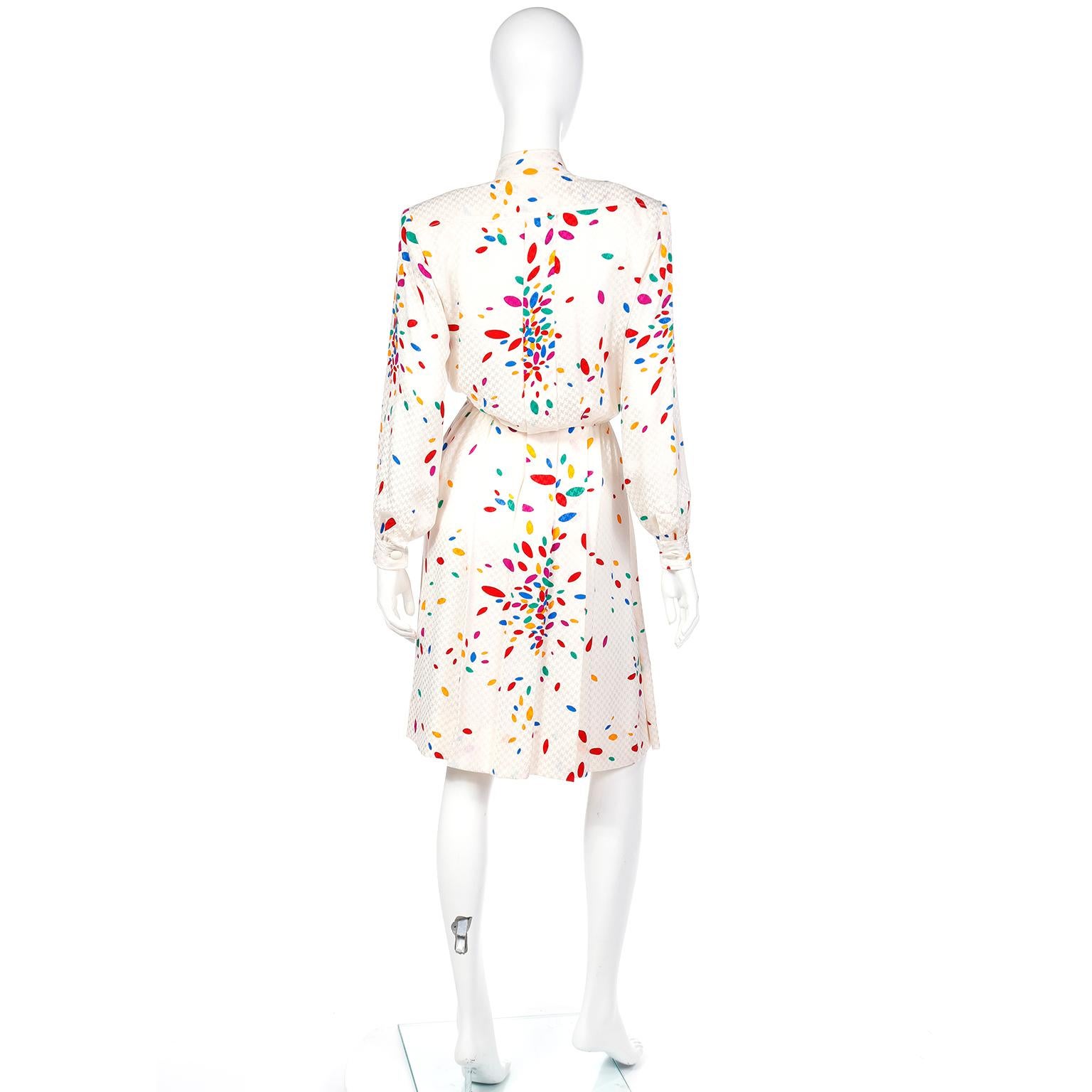 Women's Yves Saint laurent Tonal White Print Silk Dress w Colorful Ovals & Polka Dots For Sale