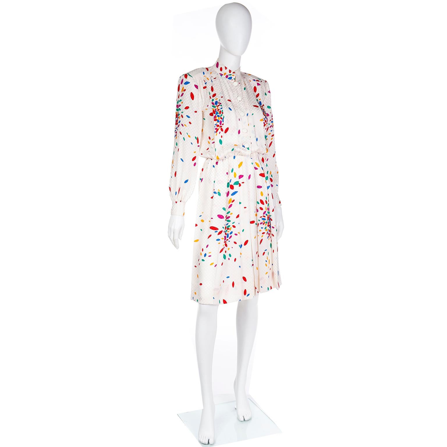 Yves Saint laurent Tonal White Print Silk Dress w Colorful Ovals & Polka Dots For Sale 1