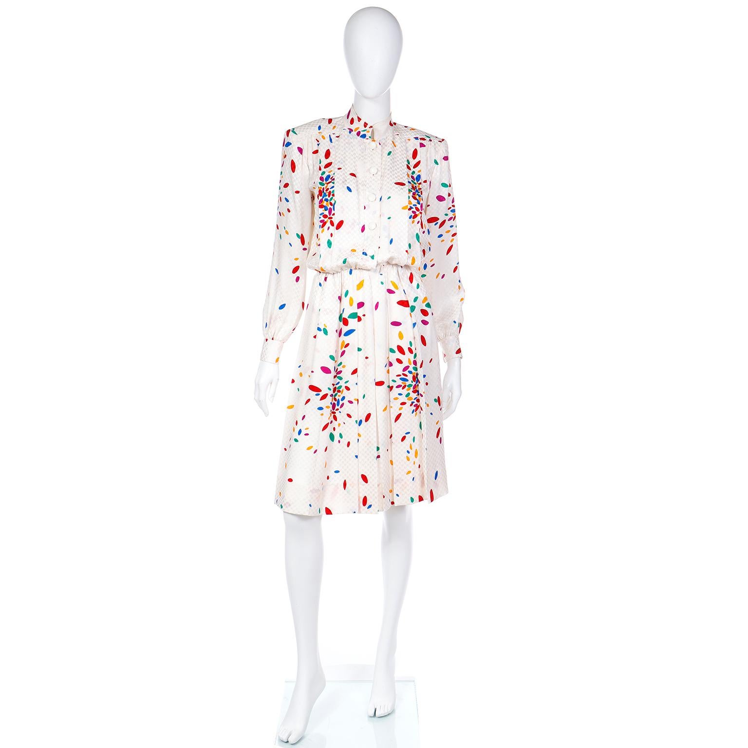Yves Saint laurent Tonal White Print Silk Dress w Colorful Ovals & Polka Dots For Sale 2