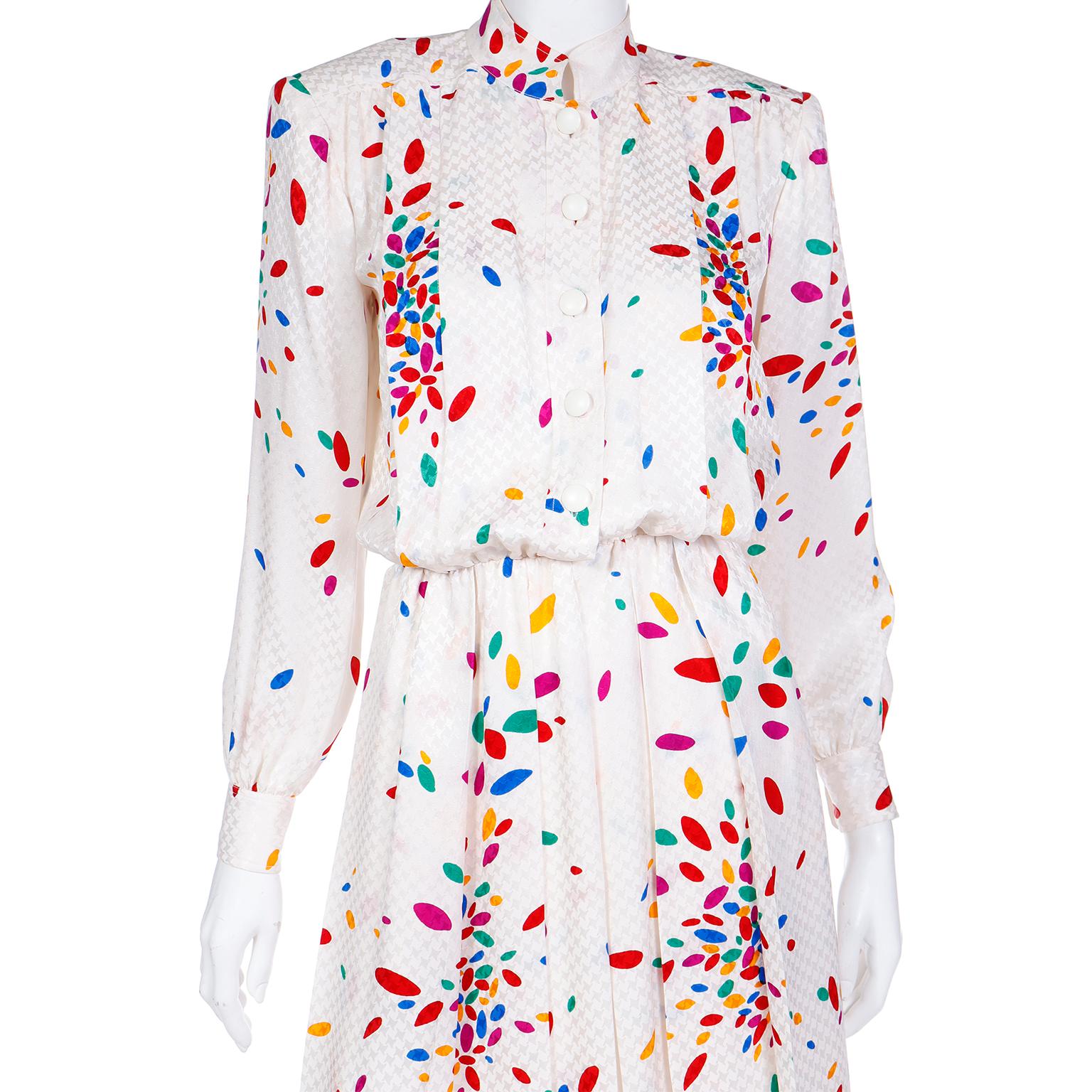 Yves Saint laurent Tonal White Print Silk Dress w Colorful Ovals & Polka Dots For Sale 3