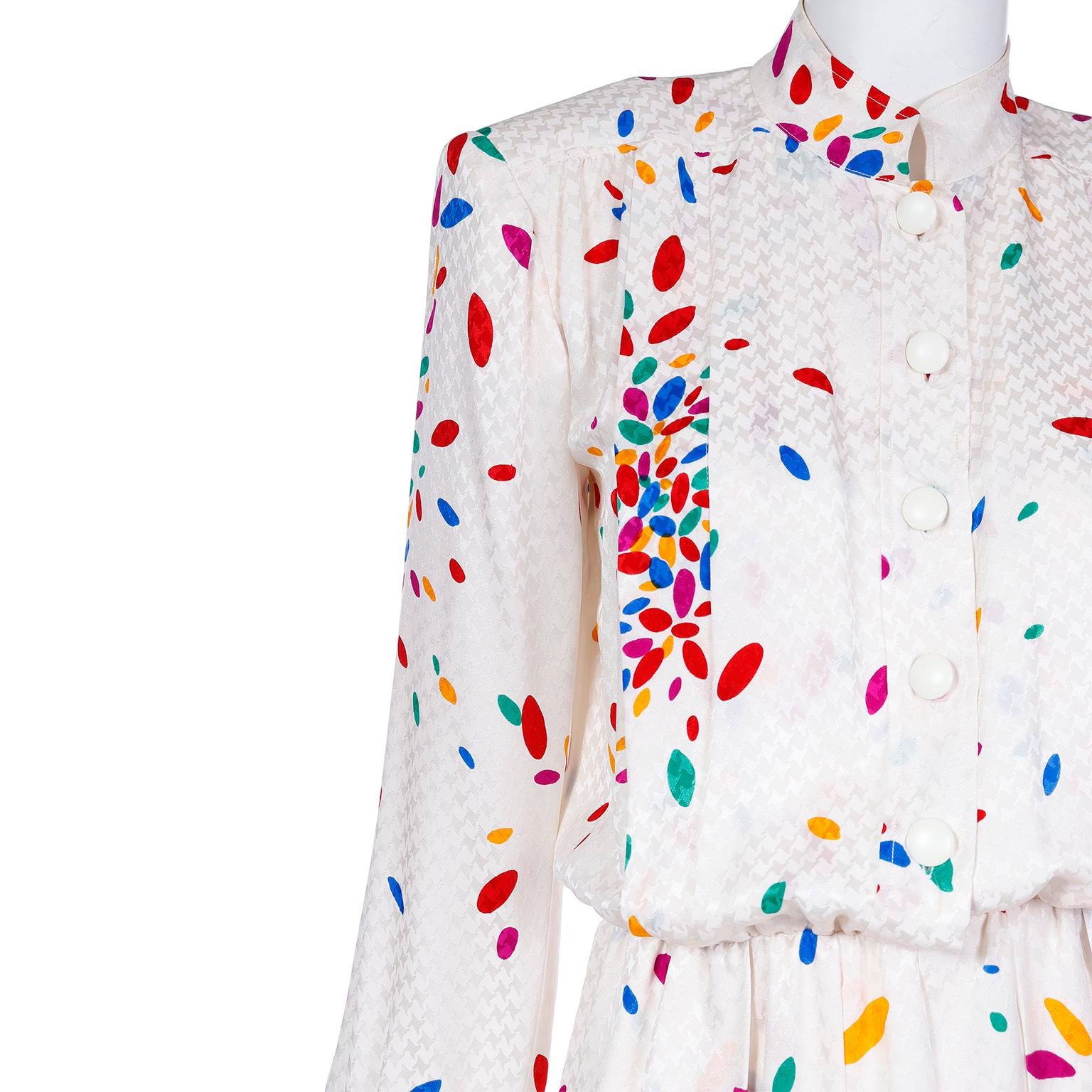 Yves Saint laurent Tonal White Print Silk Dress w Colorful Ovals & Polka Dots For Sale 5