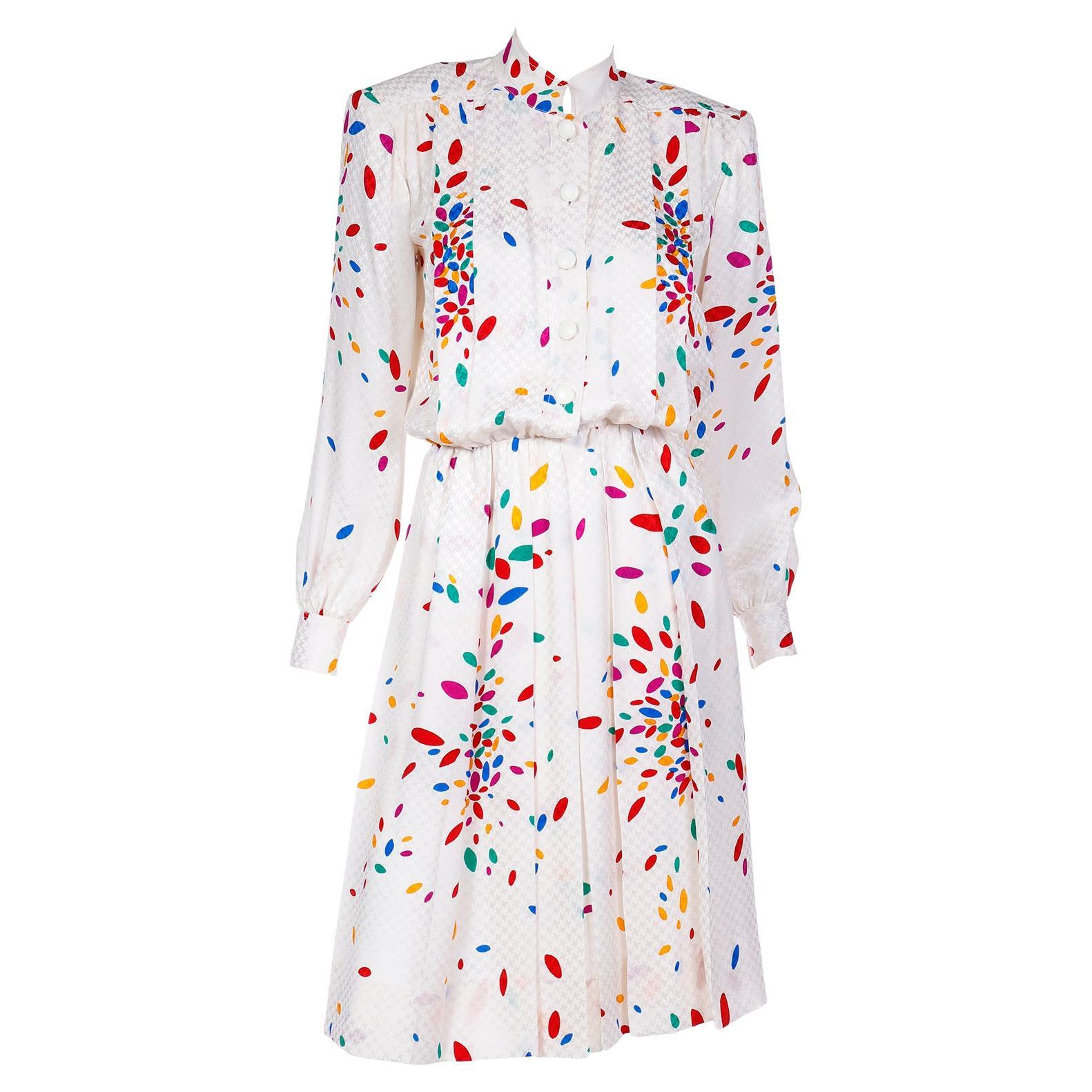 Yves Saint laurent Tonal White Print Silk Dress w Colorful Ovals & Polka Dots For Sale