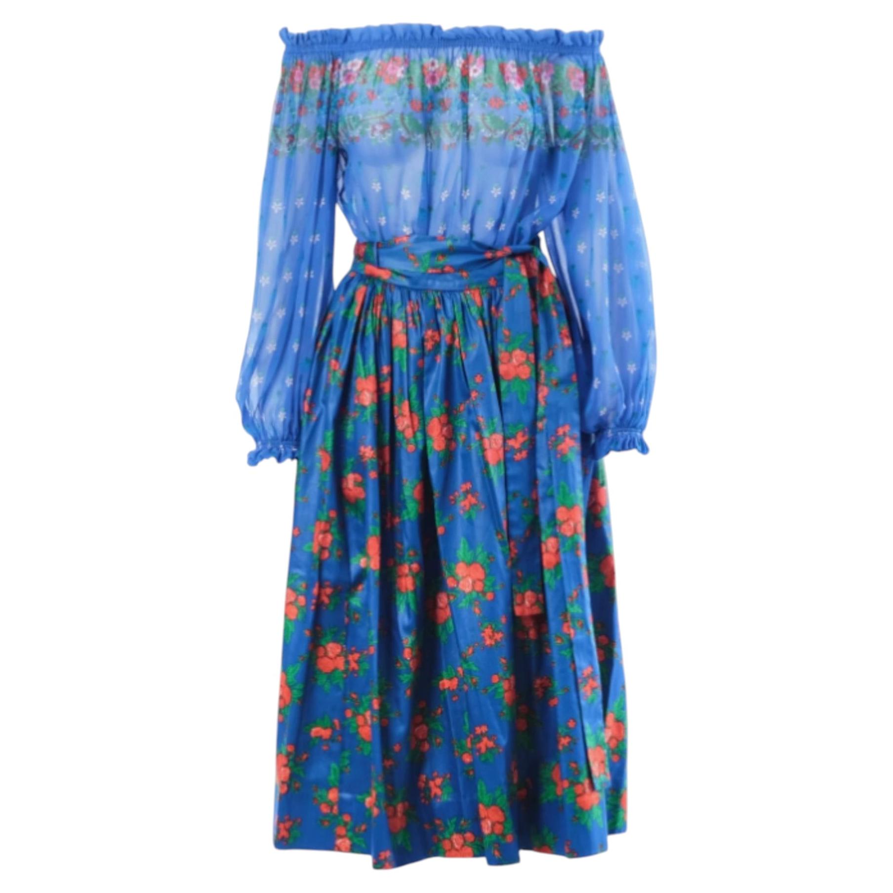 Yves Saint Laurent Top And Blue Floral Silk Skirt Set - '70s
