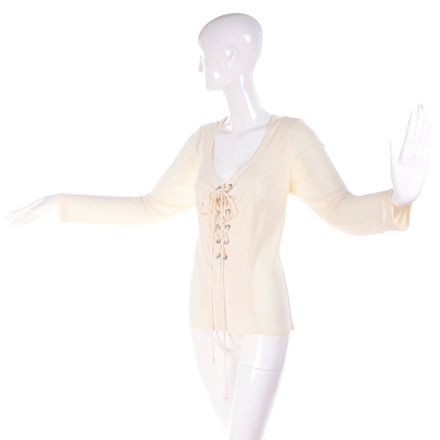 Yves Saint Laurent Top YSL Rive Gauche Lace Up Blouse in Cream Silk Jersey 42 5