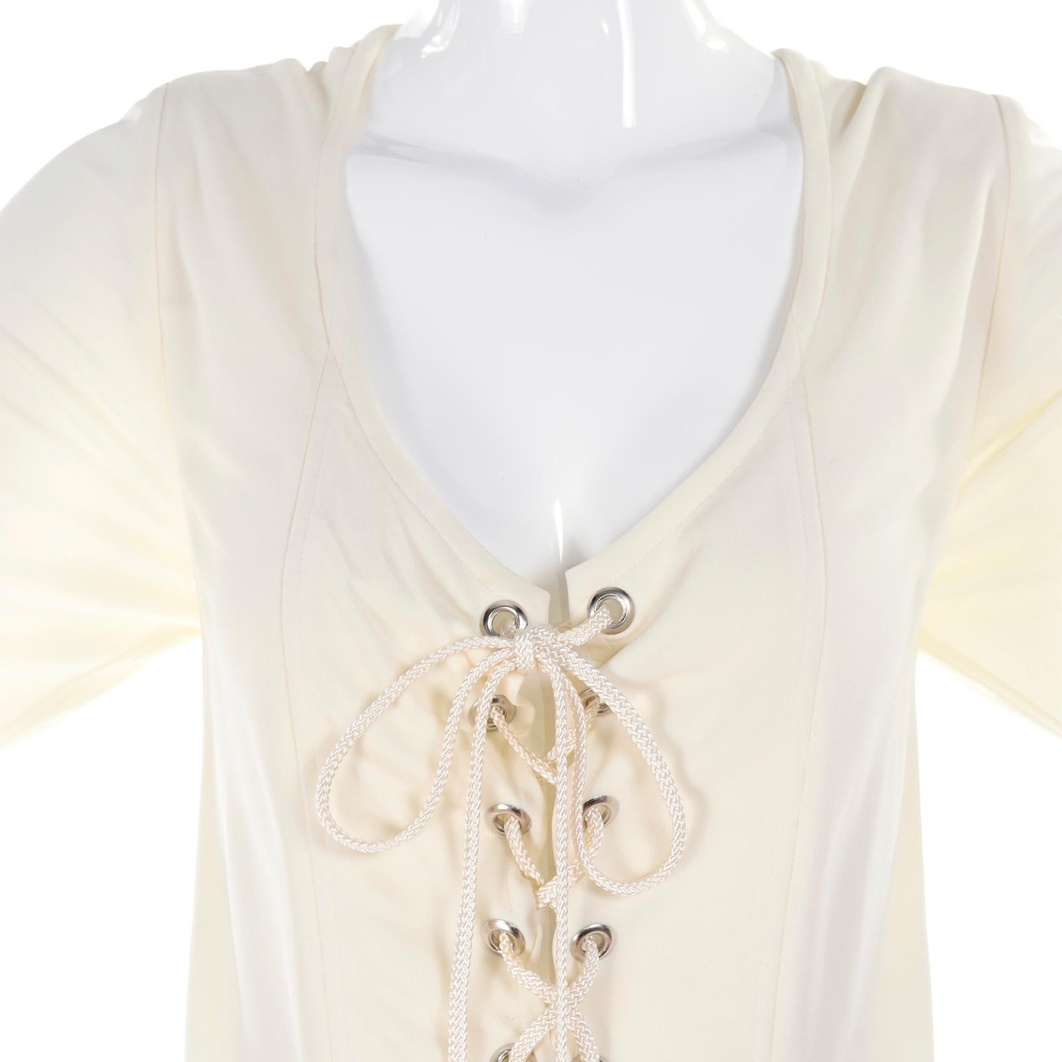 Gray Yves Saint Laurent Top YSL Rive Gauche Lace Up Blouse in Cream Silk Jersey 42