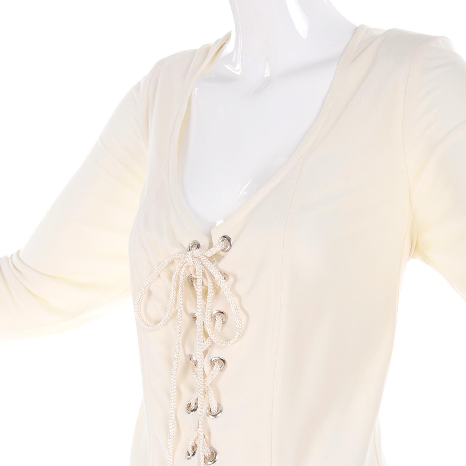 Yves Saint Laurent Top YSL Rive Gauche Lace Up Blouse in Cream Silk Jersey 42 In Excellent Condition In Portland, OR