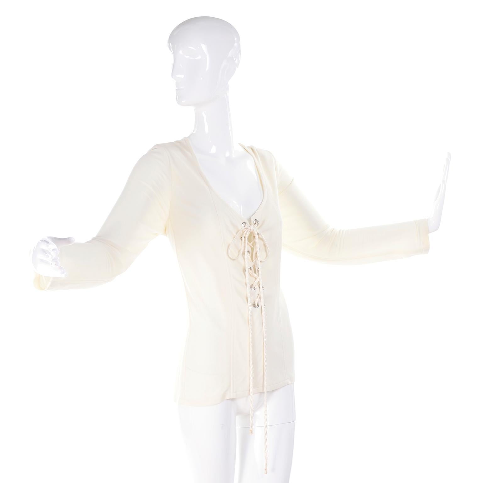 Women's Yves Saint Laurent Top YSL Rive Gauche Lace Up Blouse in Cream Silk Jersey 42