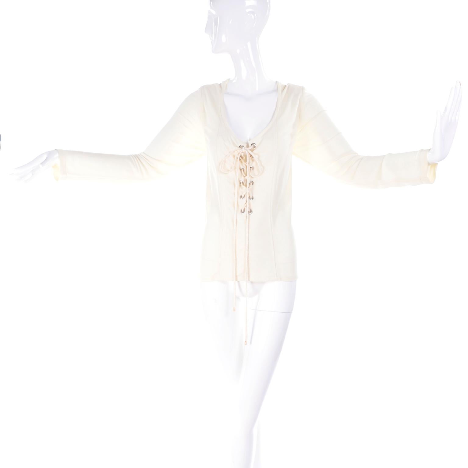 Yves Saint Laurent Top YSL Rive Gauche Lace Up Blouse in Cream Silk Jersey 42 2