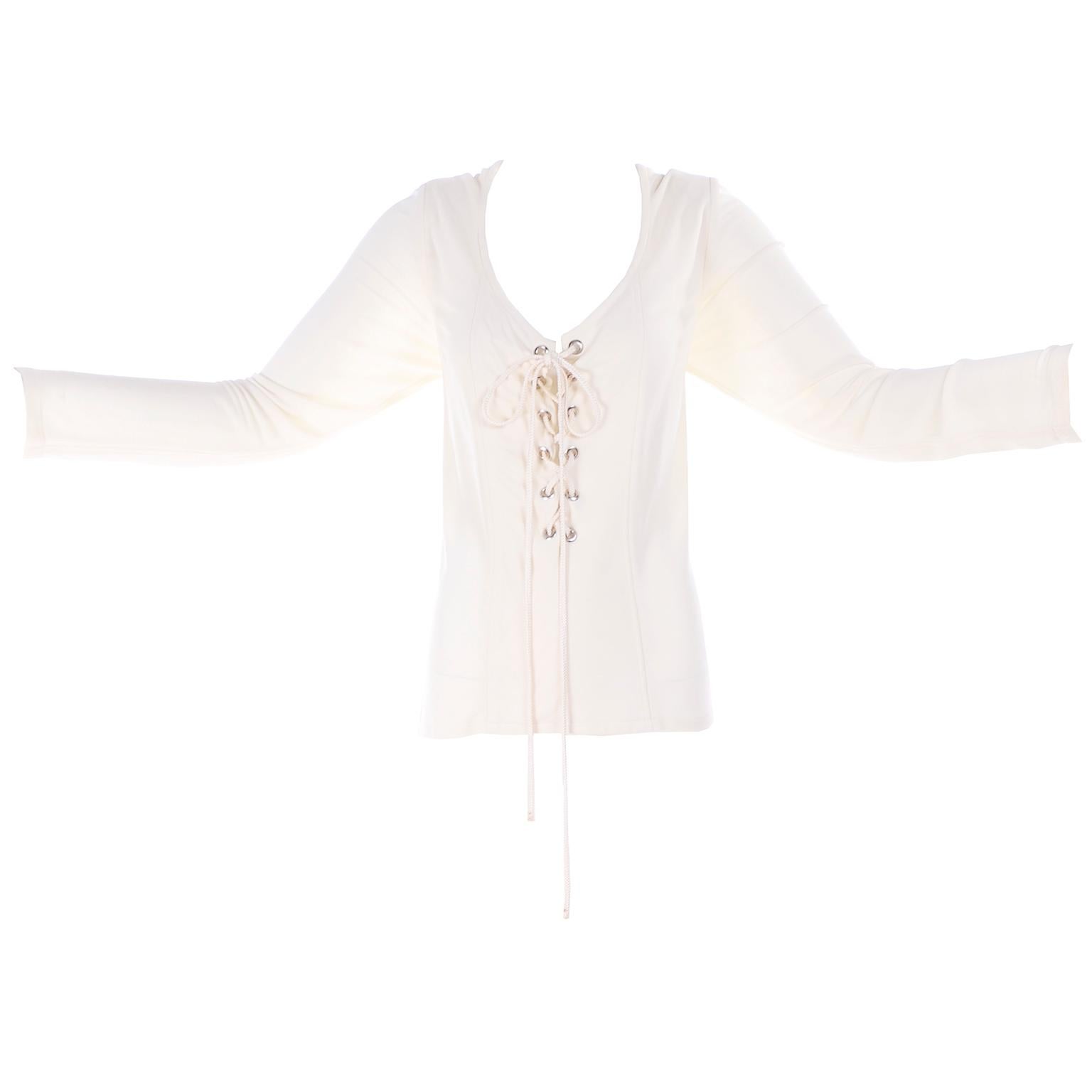 Yves Saint Laurent Top YSL Rive Gauche Lace Up Blouse in Cream Silk Jersey 42