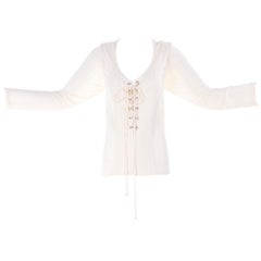 Yves Saint Laurent Top YSL Rive Gauche Lace Up Blouse in Cream Silk Jersey 42