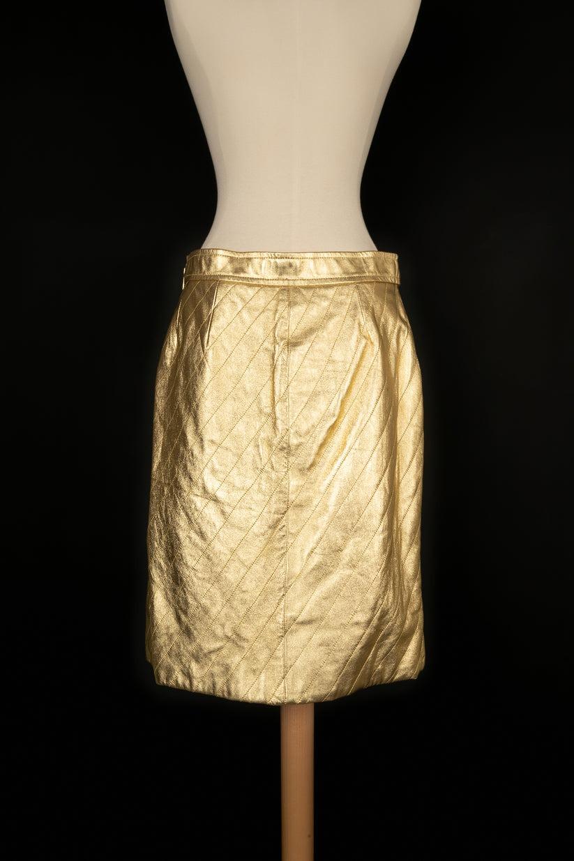 Beige Yves Saint Laurent Topstitched Golden Leather Skirt For Sale