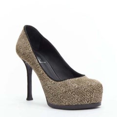 YVES SAINT LAURENT Tribtoo brown wool tweed platform heel pump EU37.5