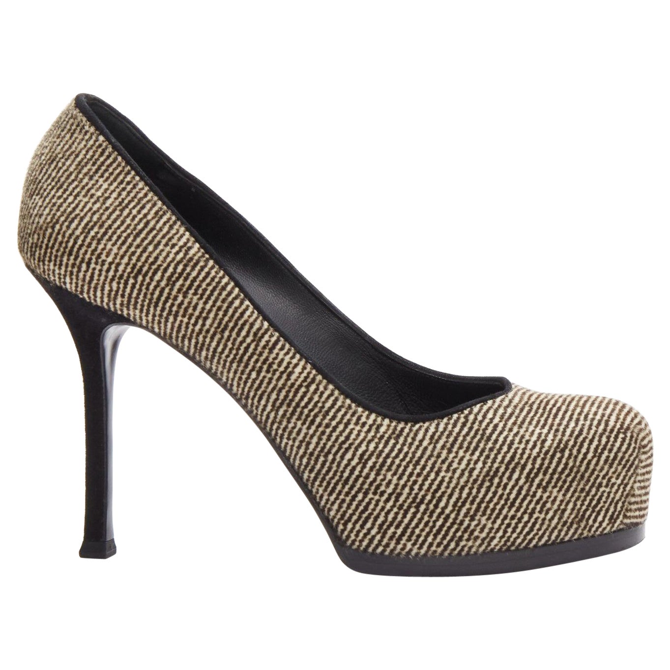 YVES SAINT LAURENT Tribtoo brown wool tweed platform heel pump EU37.5