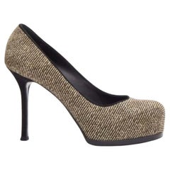 YVES SAINT LAURENT Tribtoo braune Wolle Tweed Plateauabsatz Pumps EU37.5