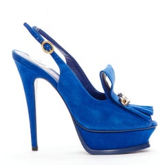 YVES SAINT LAURENT Tribute cobalt blue suede fringe chain platform EU37.5