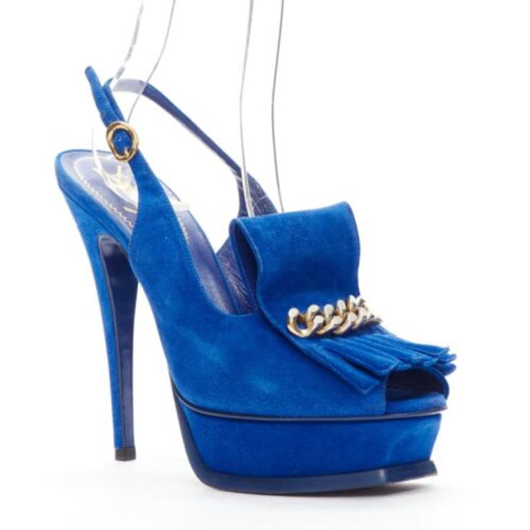 Yves SAINT LAURENT Tribute bleu cobalt daim frange chaîne plateforme EU37.5
Référence : GIYG/A00375
Marque : Yves Saint Laurent
Modèle : Tribut
MATERIAL : Cuir
Couleur : bleu, argent
Motif : Solide
Fermeture : Slingback
Doublure : Cuir bleu
Détails