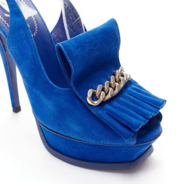 Yves SAINT LAURENT Tribute bleu cobalt daim frange chaîne plateforme EU37.5 en vente 3