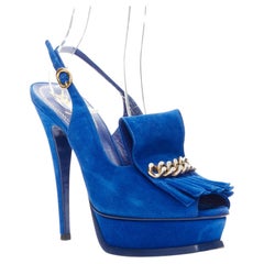 YVES SAINT LAURENT Tribute cobalt blue suede fringe chain platform EU37.5