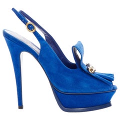 YVES SAINT LAURENT Tribute cobalt blue suede fringe chain platform EU37.5