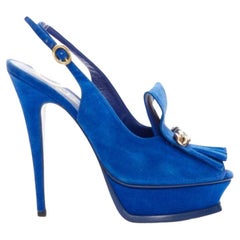 Yves Saint Laurent Tribute blu cobalto in pelle scamosciata con frange e catena EU37.5