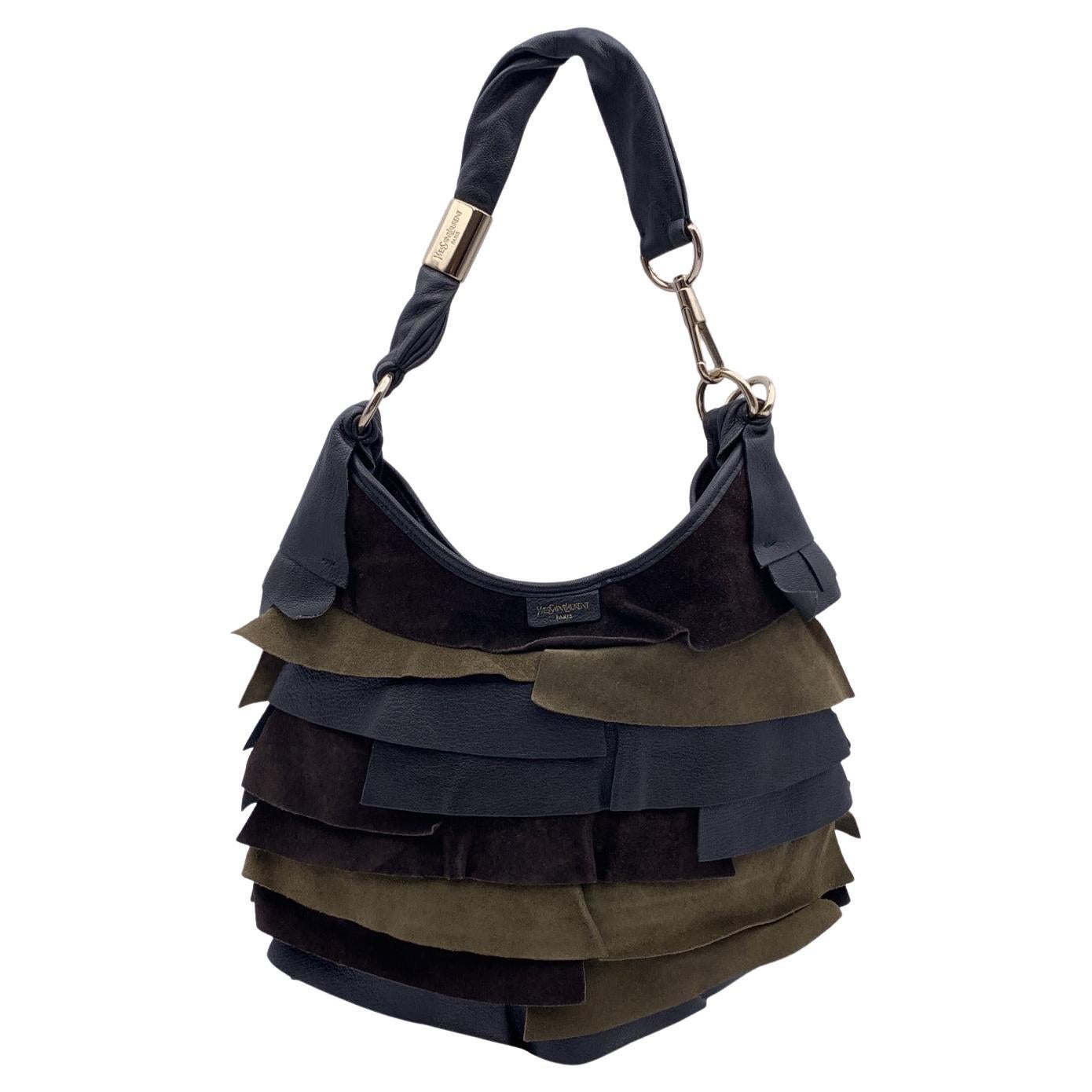 Yves Saint Laurent Tricolor Ruffled Leather Suede St Tropez Hobo Bag