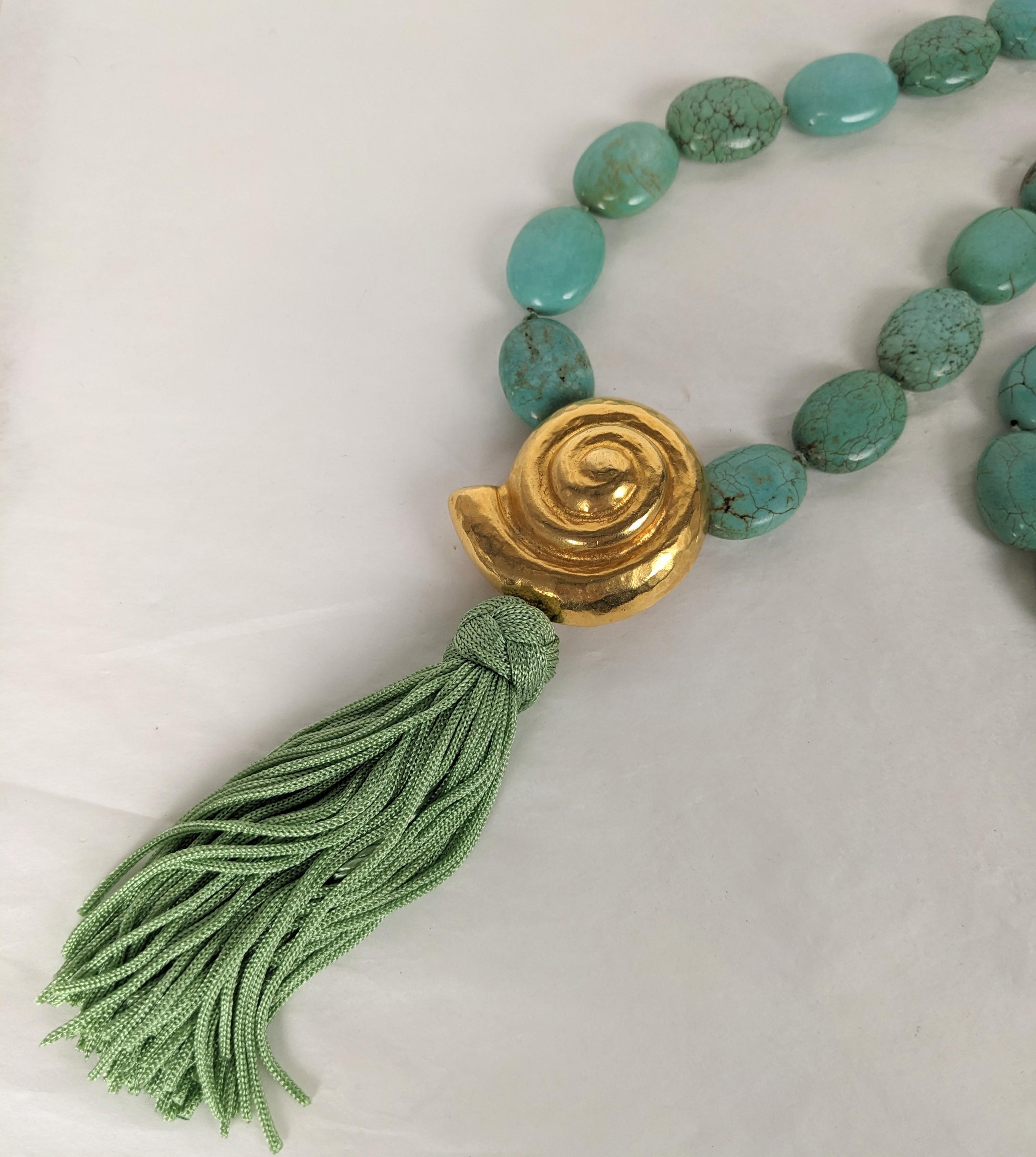 Yves Saint Laurent Turquoise Bead Gilt Nautilus Shell Necklace In Excellent Condition For Sale In New York, NY