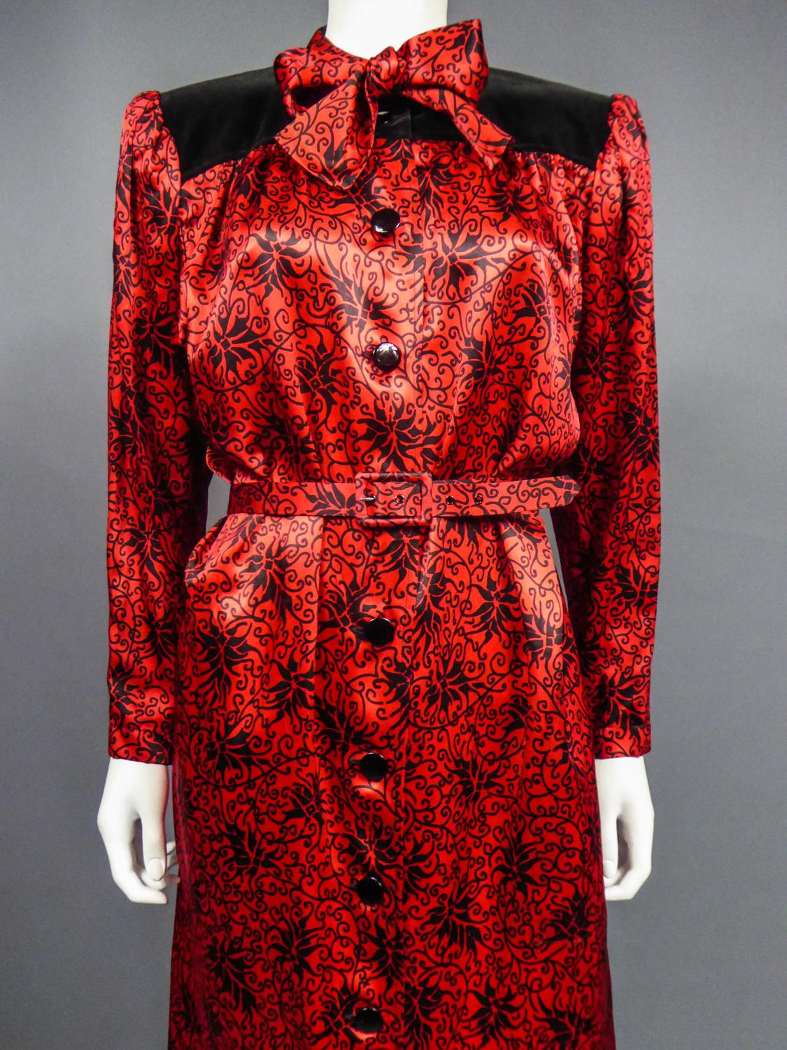 Red Yves Saint Laurent Variation Blouse Dress in Printed Satin Circa 1990 For Sale