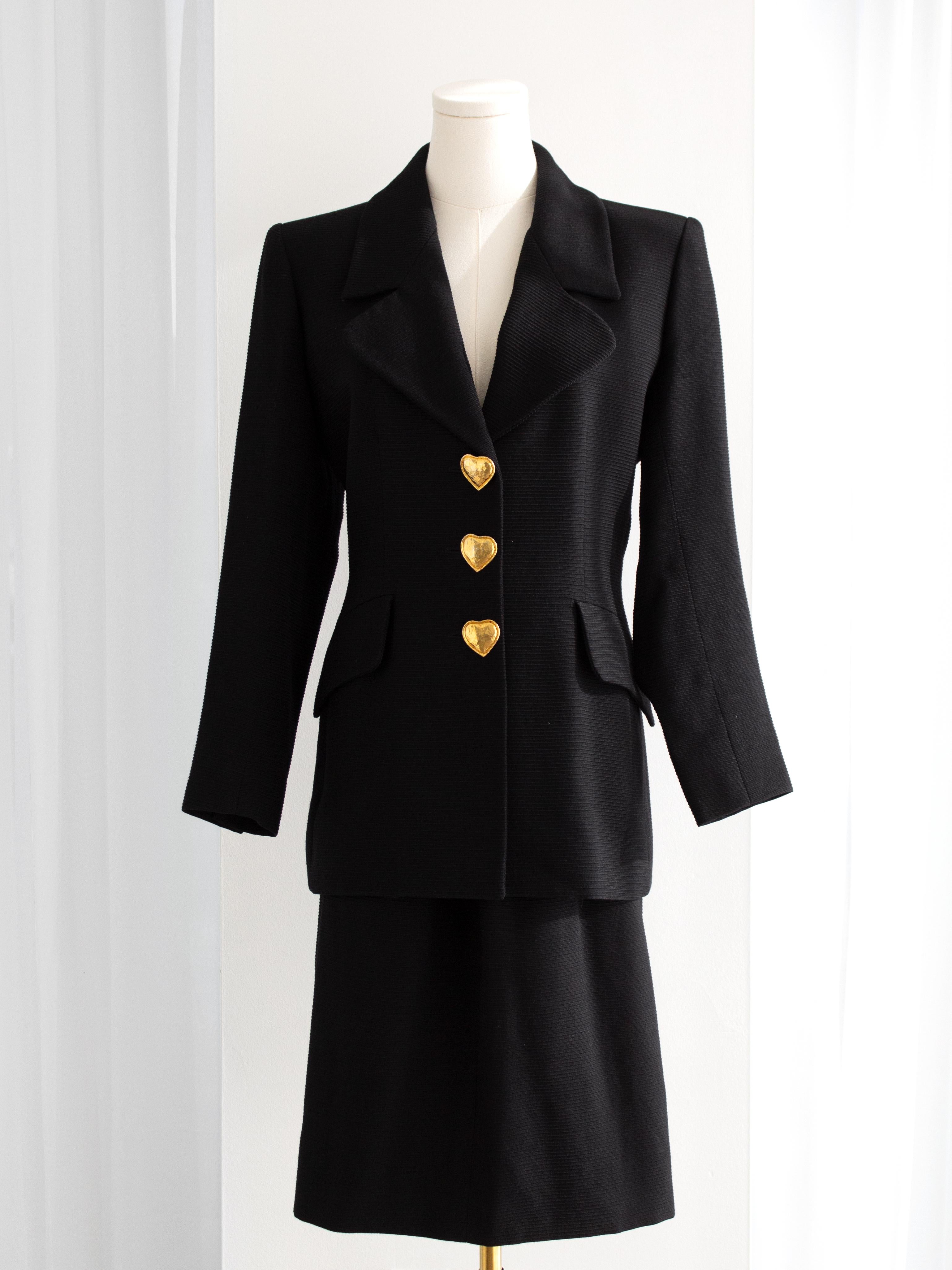 Women's Yves Saint Laurent Variation Vintage S/S 1995 Black Gold Heart Jacket Skirt Suit