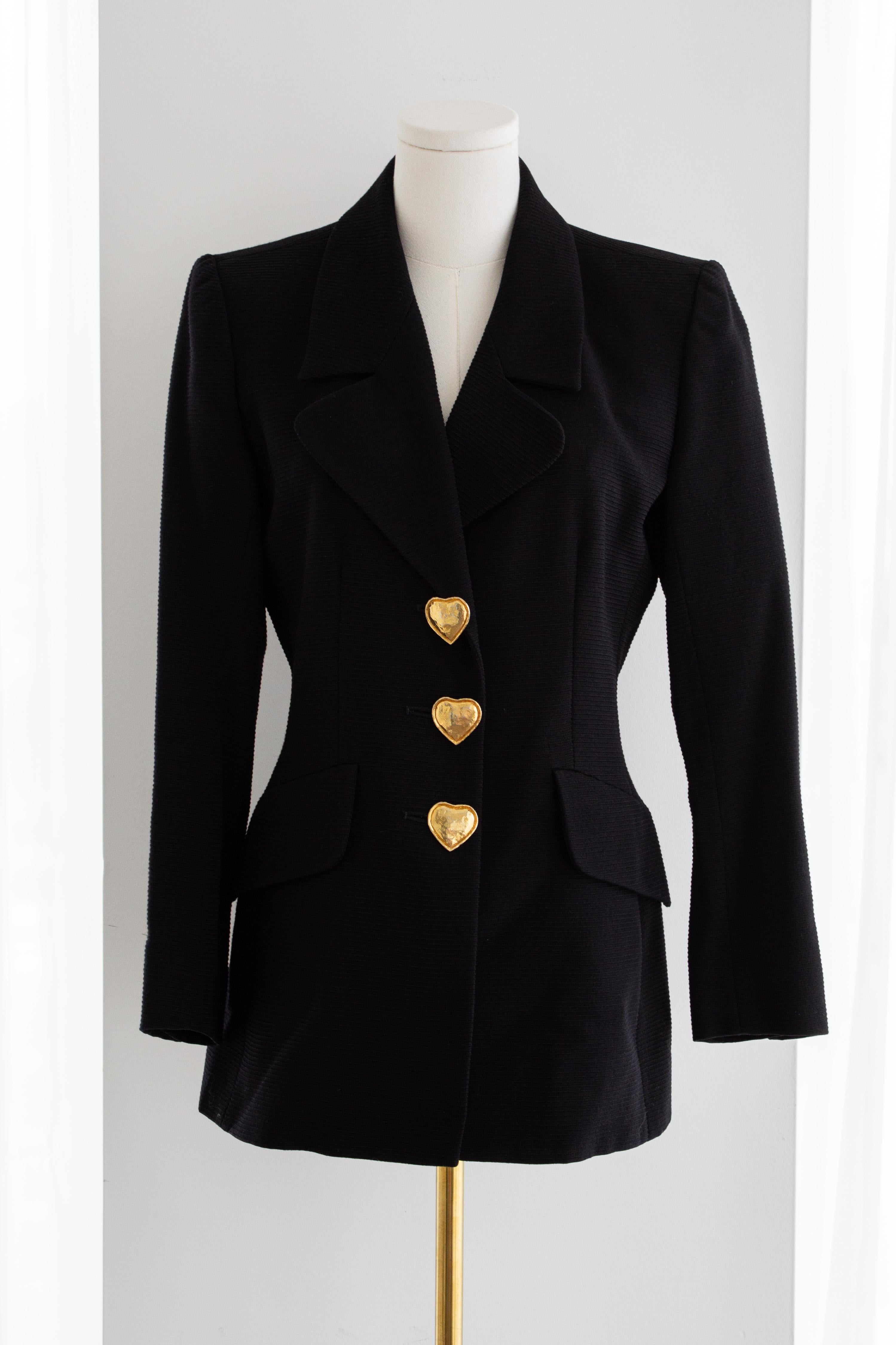 Yves Saint Laurent Variation Vintage S/S 1995 Black Jacket Gold Heart Buttons Bon état - En vente à Jersey City, NJ