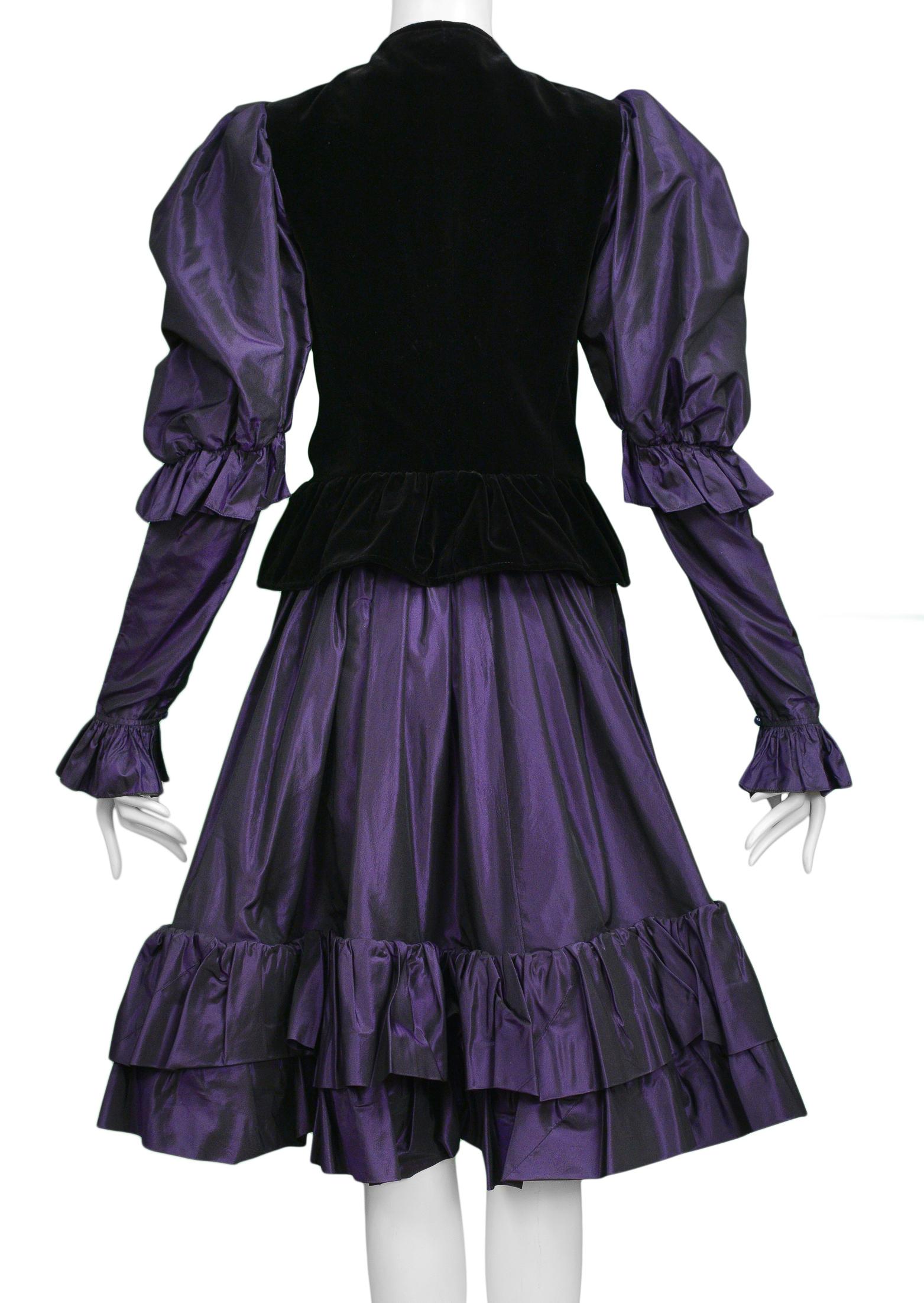 Yves Saint Laurent Velvet & Royal Purple Taffeta Ruffle Skirt Ensemble 1982 In Excellent Condition For Sale In Los Angeles, CA