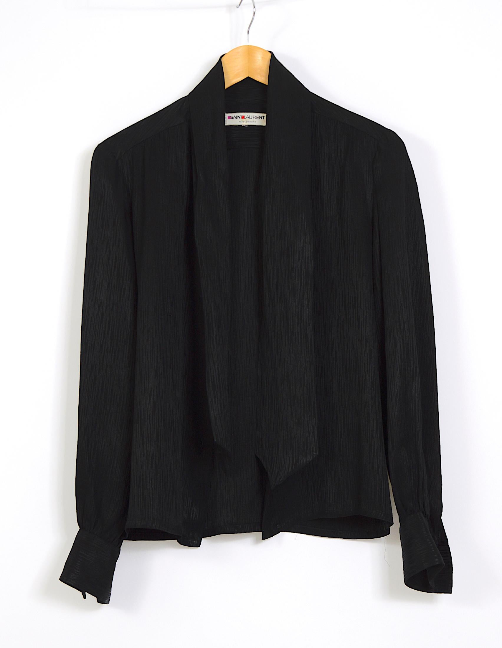 Black Yves Saint Laurent vintage 1970s jet-black silk classic scarf tie blouse/shirt   For Sale