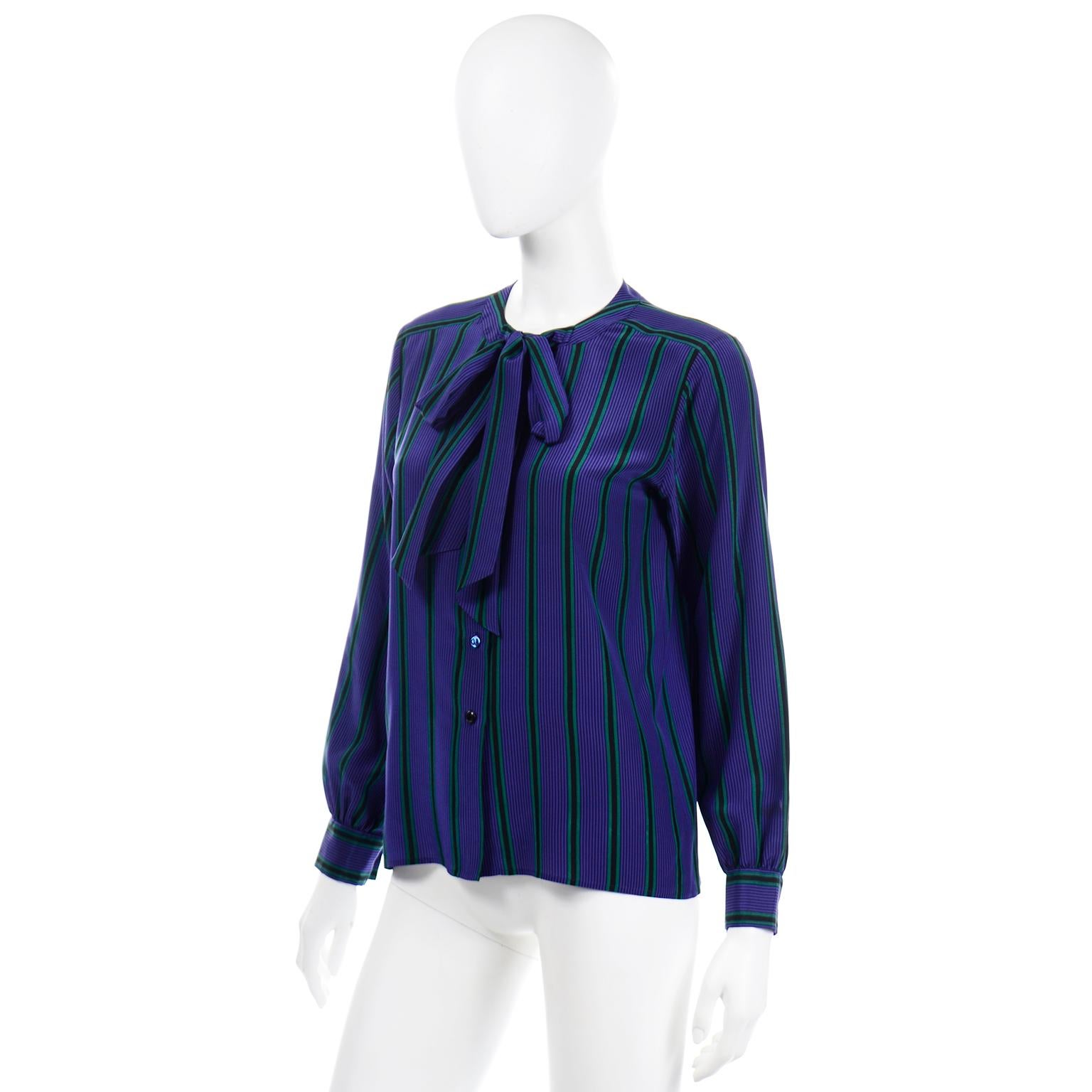 Yves Saint Laurent Vintage 1970s Purple Green & Black Striped Silk Blouse In Excellent Condition In Portland, OR
