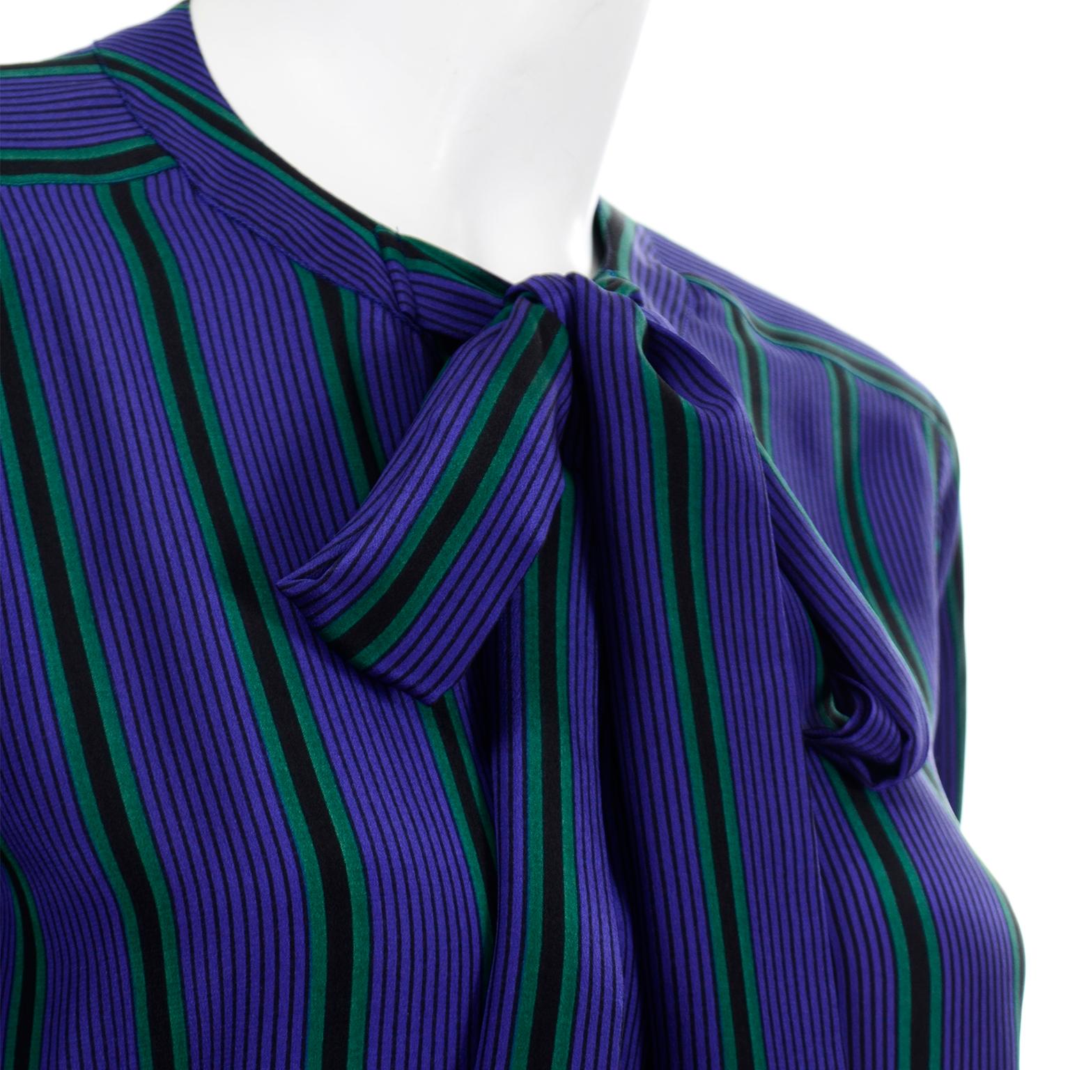 Yves Saint Laurent Vintage 1970s Purple Green & Black Striped Silk Blouse 2