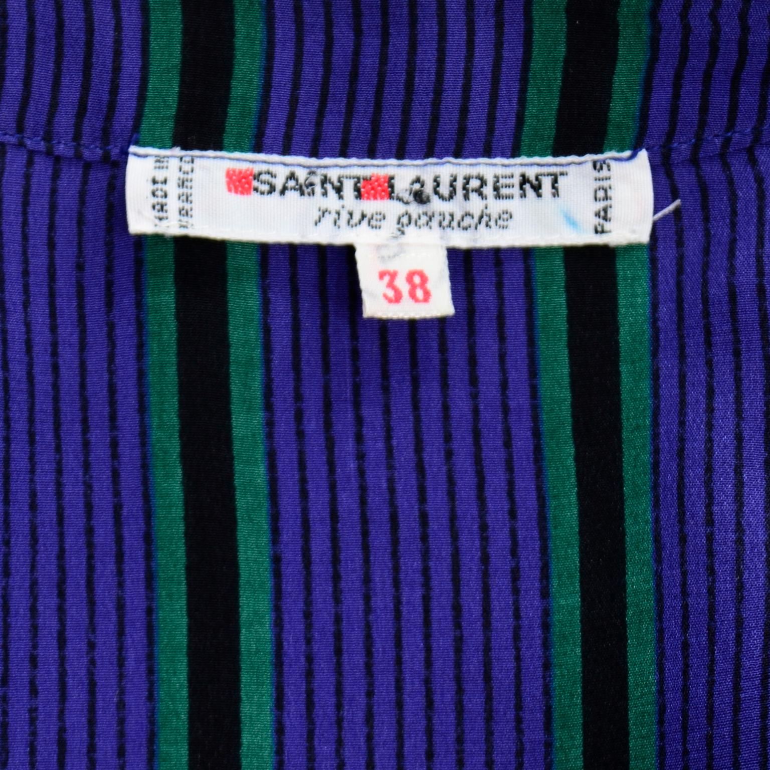 Yves Saint Laurent Vintage 1970s Purple Green & Black Striped Silk Blouse 3