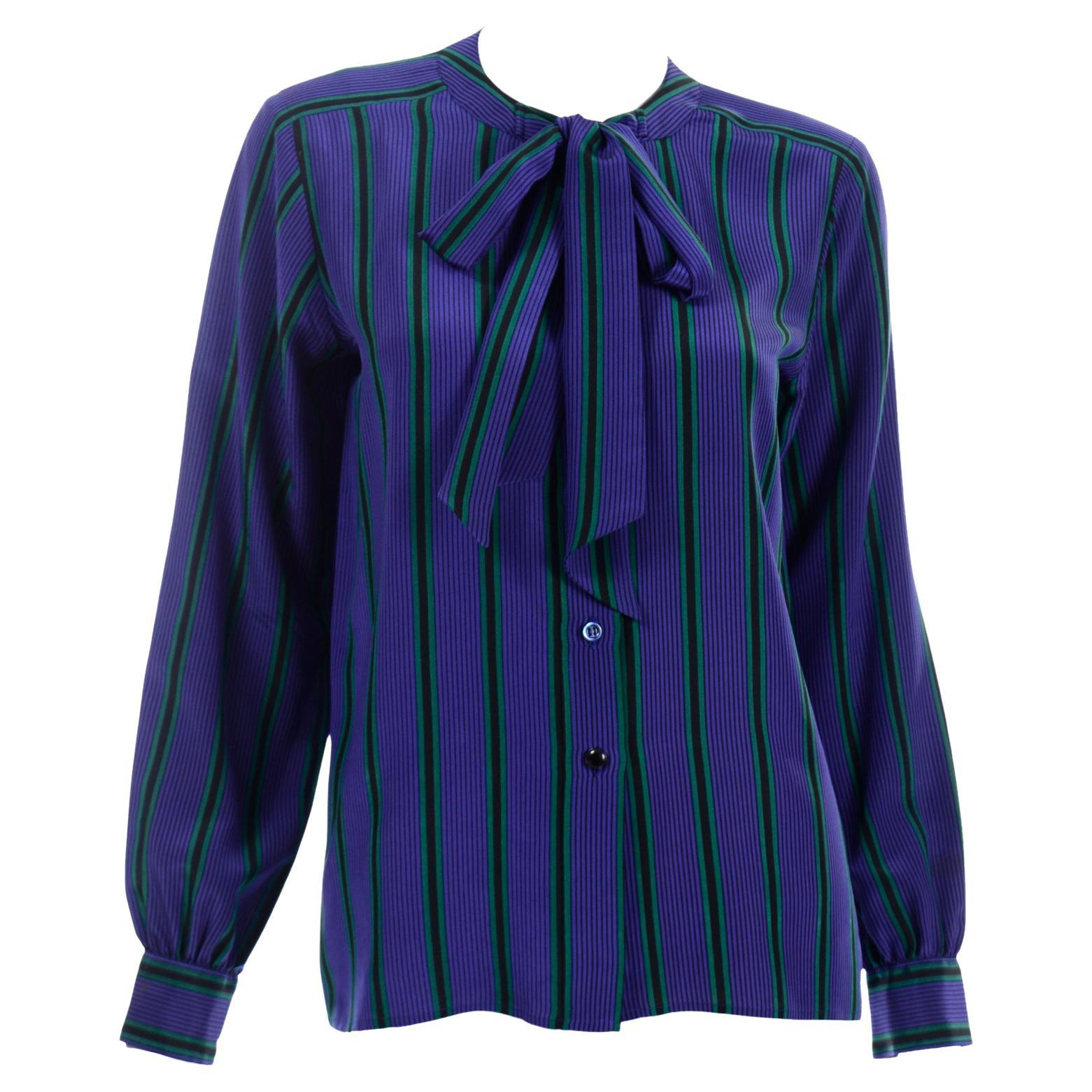 Yves Saint Laurent Vintage 1970s Purple Green & Black Striped Silk Blouse
