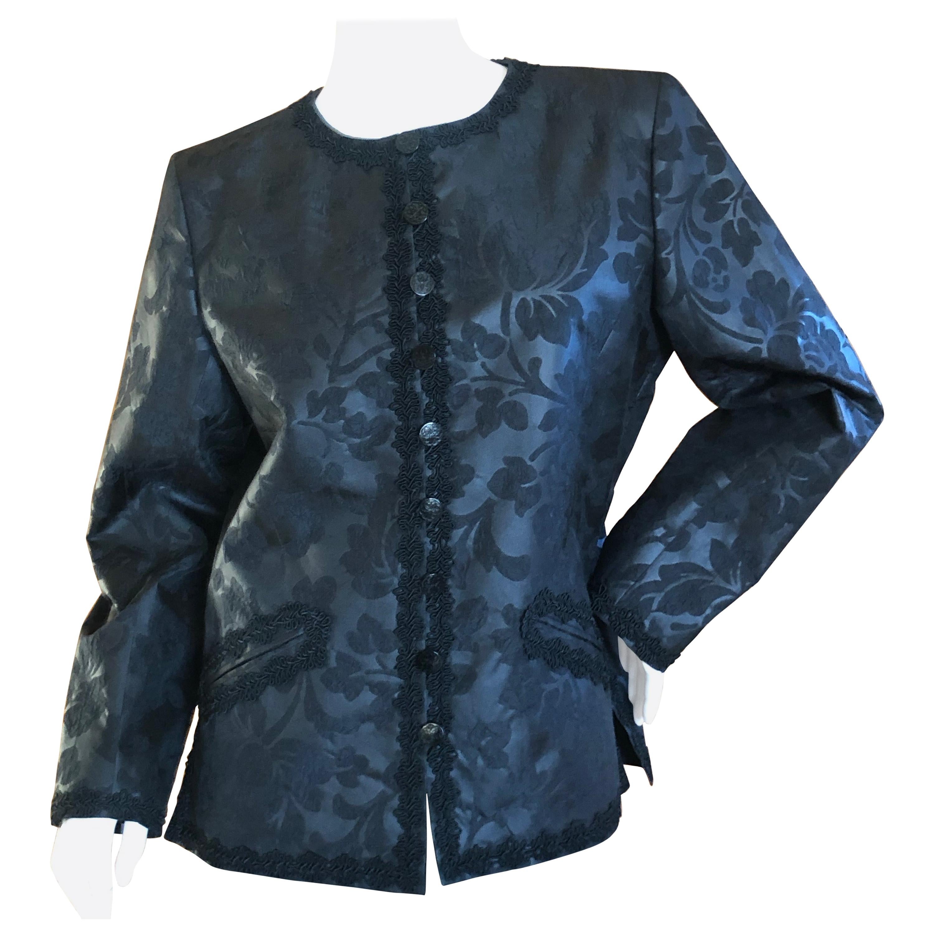 Yves Saint Laurent Vintage 1980's Black Brocade Jacket with Soutache Piping For Sale
