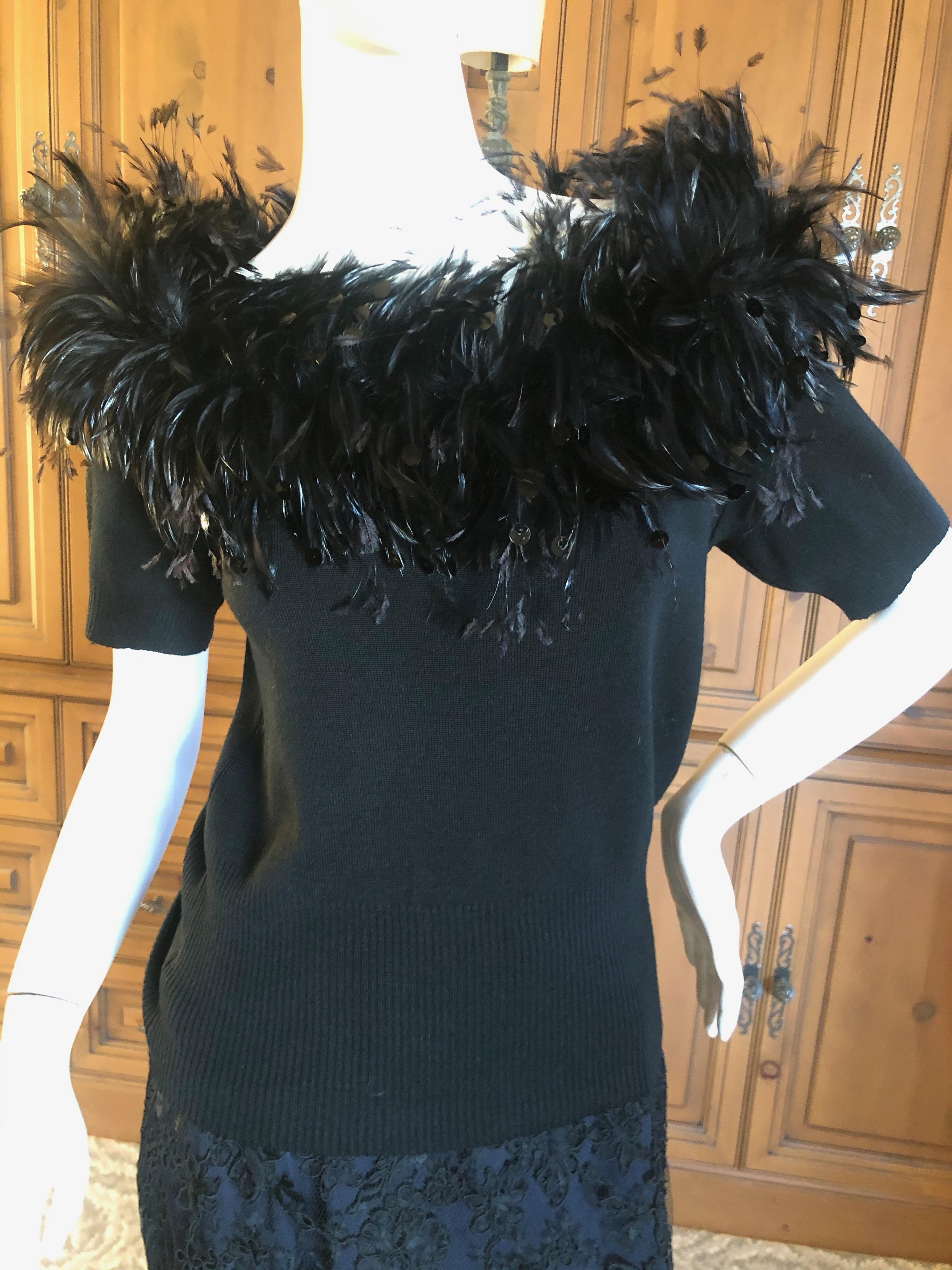 Black Yves Saint Laurent Vintage 1980's Coq Feather & Sequin Off the Shoulder Sweater For Sale